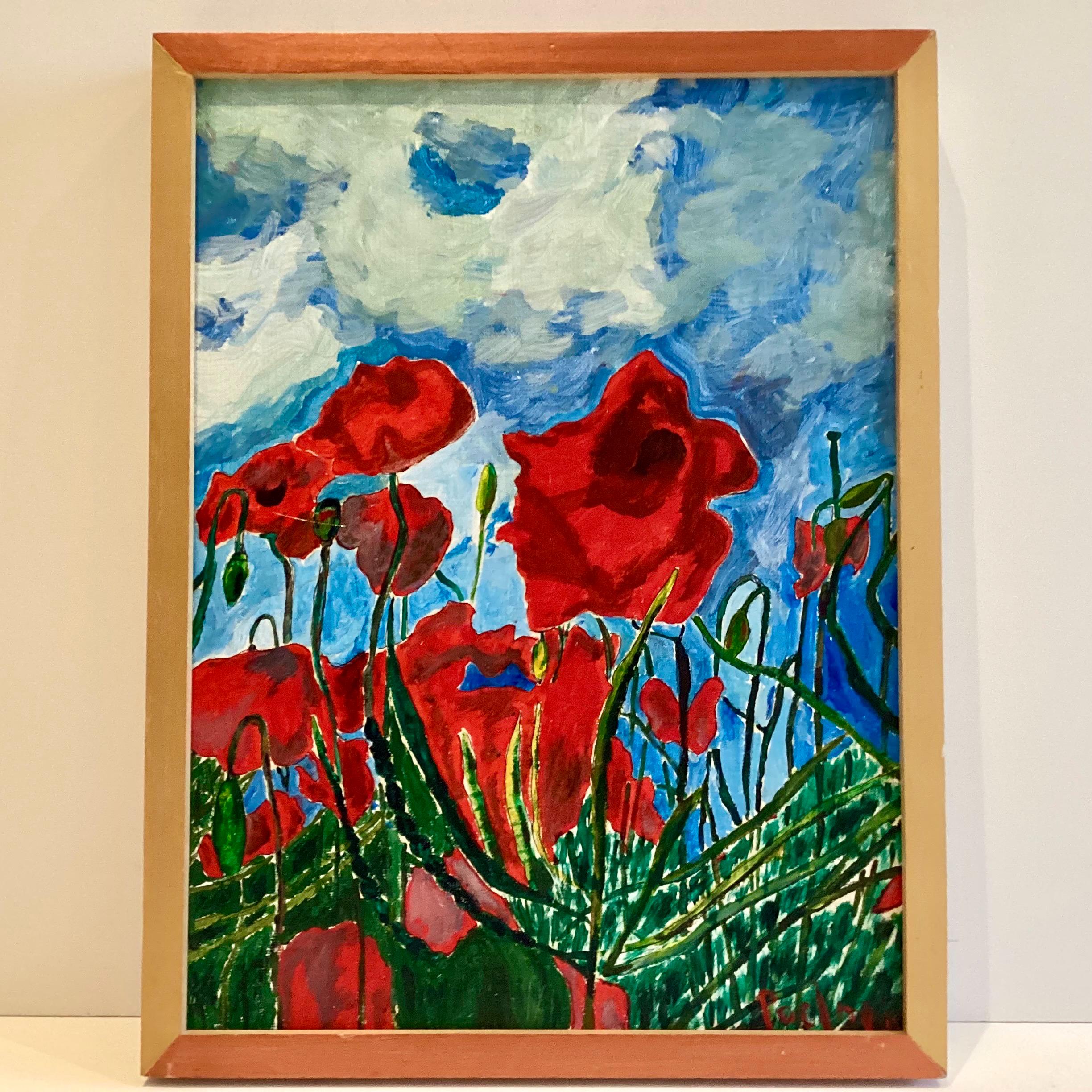 Vintage Expressionist Painting | Signed Poppies Oil on Canvas, Framed French Art — photo 3 of 9