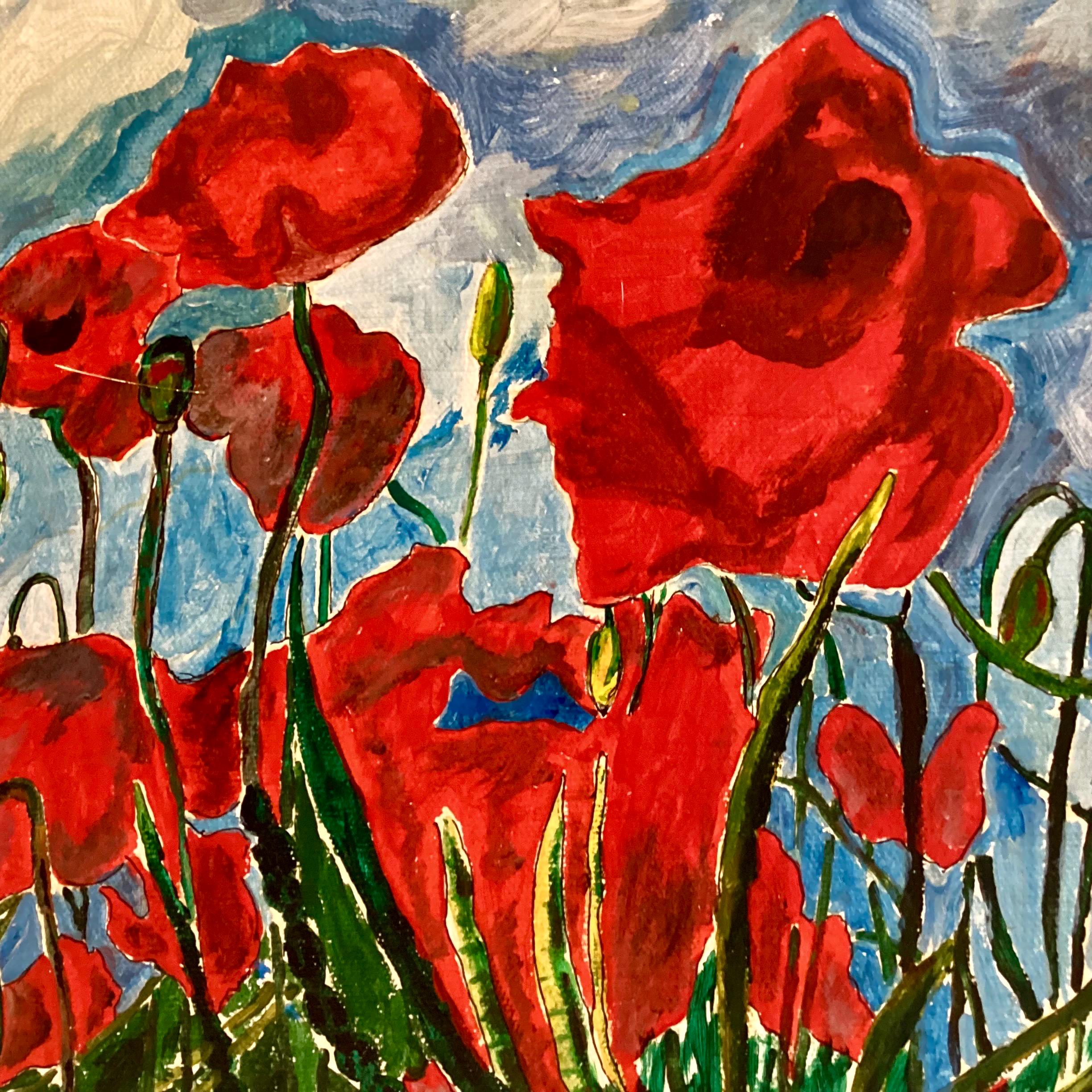 Vintage Expressionist Painting | Signed Poppies Oil on Canvas, Framed French Art — photo 4 of 9