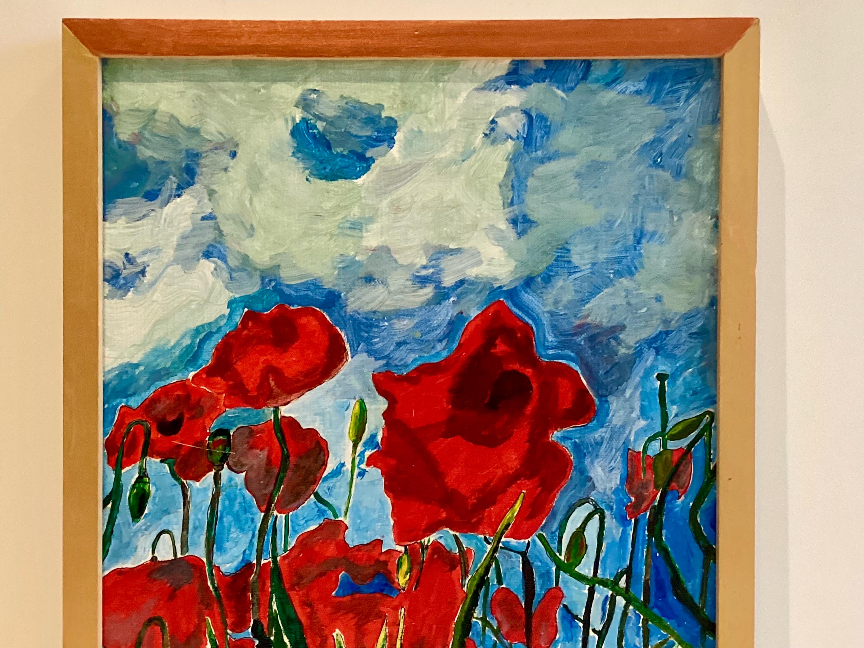 Vintage Expressionist Painting | Signed Poppies Oil on Canvas, Framed French Art — photo 5 of 9