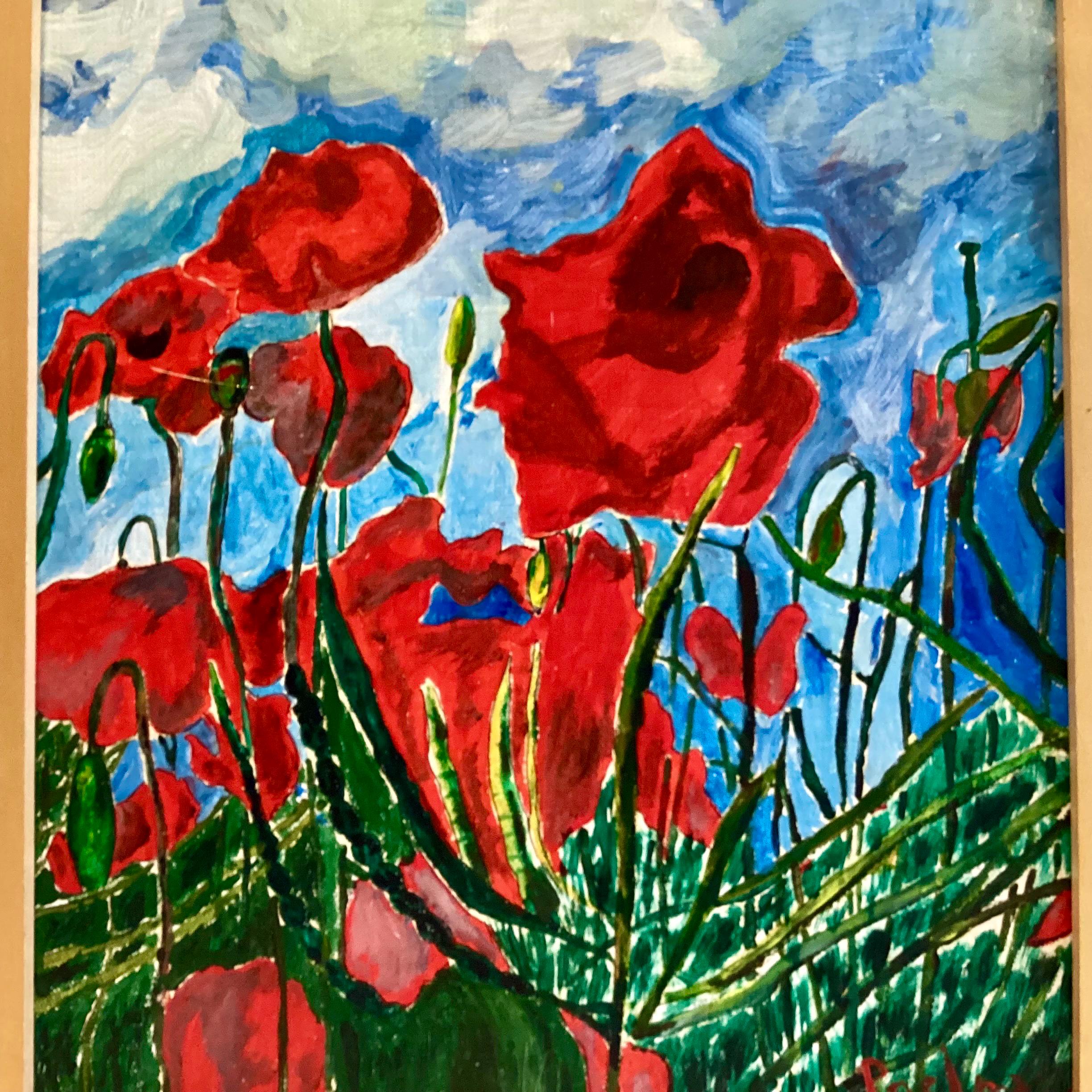 Vintage Expressionist Painting | Signed Poppies Oil on Canvas, Framed French Art — photo 6 of 9