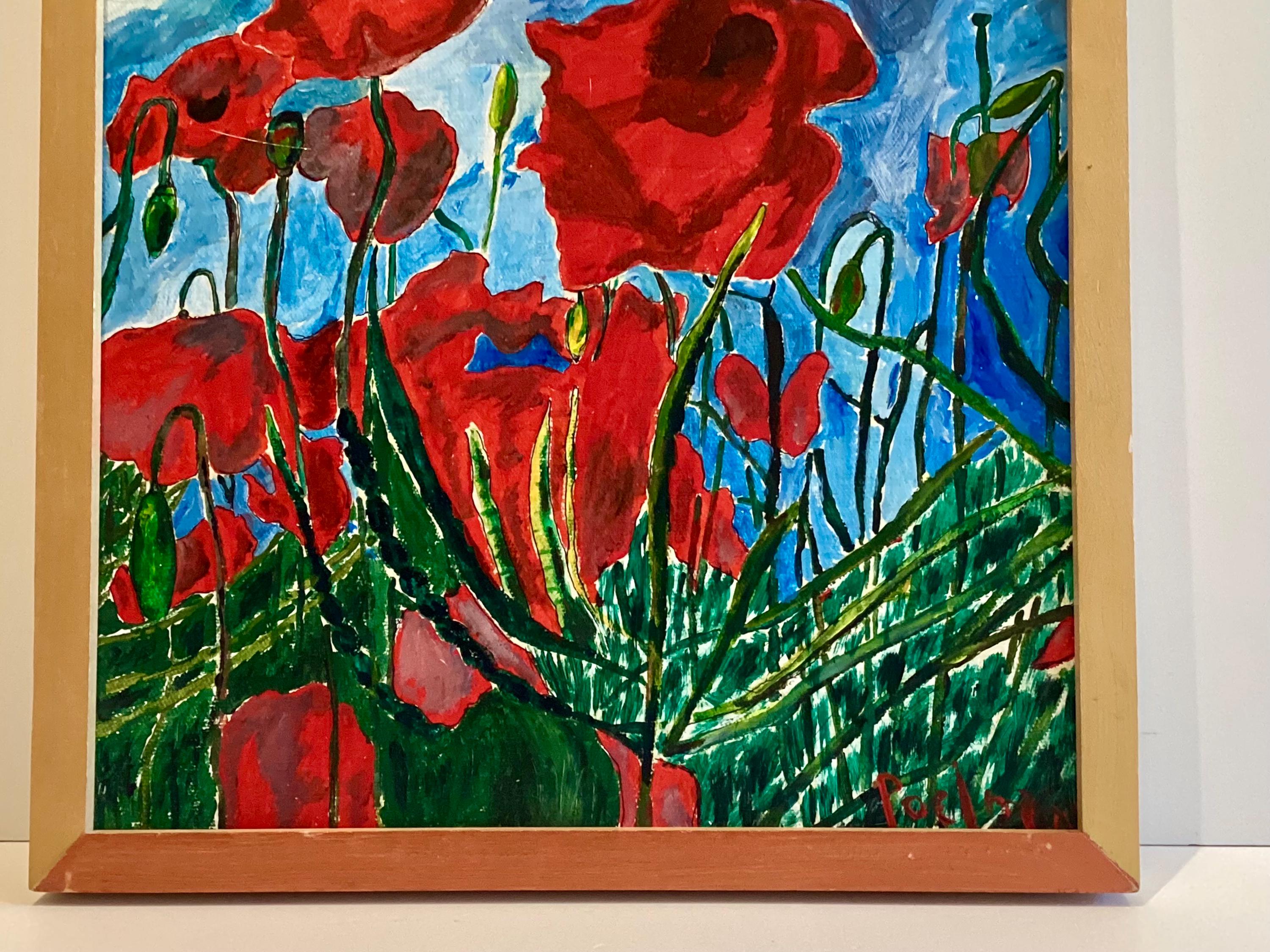 Vintage Expressionist Painting | Signed Poppies Oil on Canvas, Framed French Art — photo 7 of 9