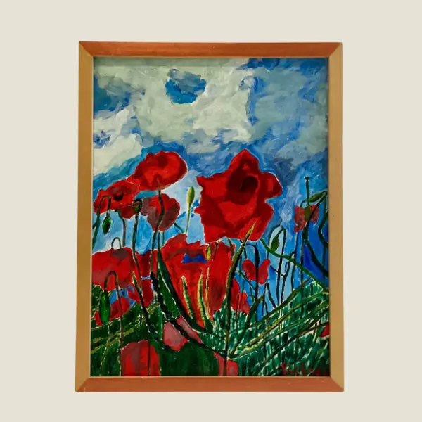 Vintage Expressionist Painting | Signed Poppies Oil on Canvas, Framed French Art