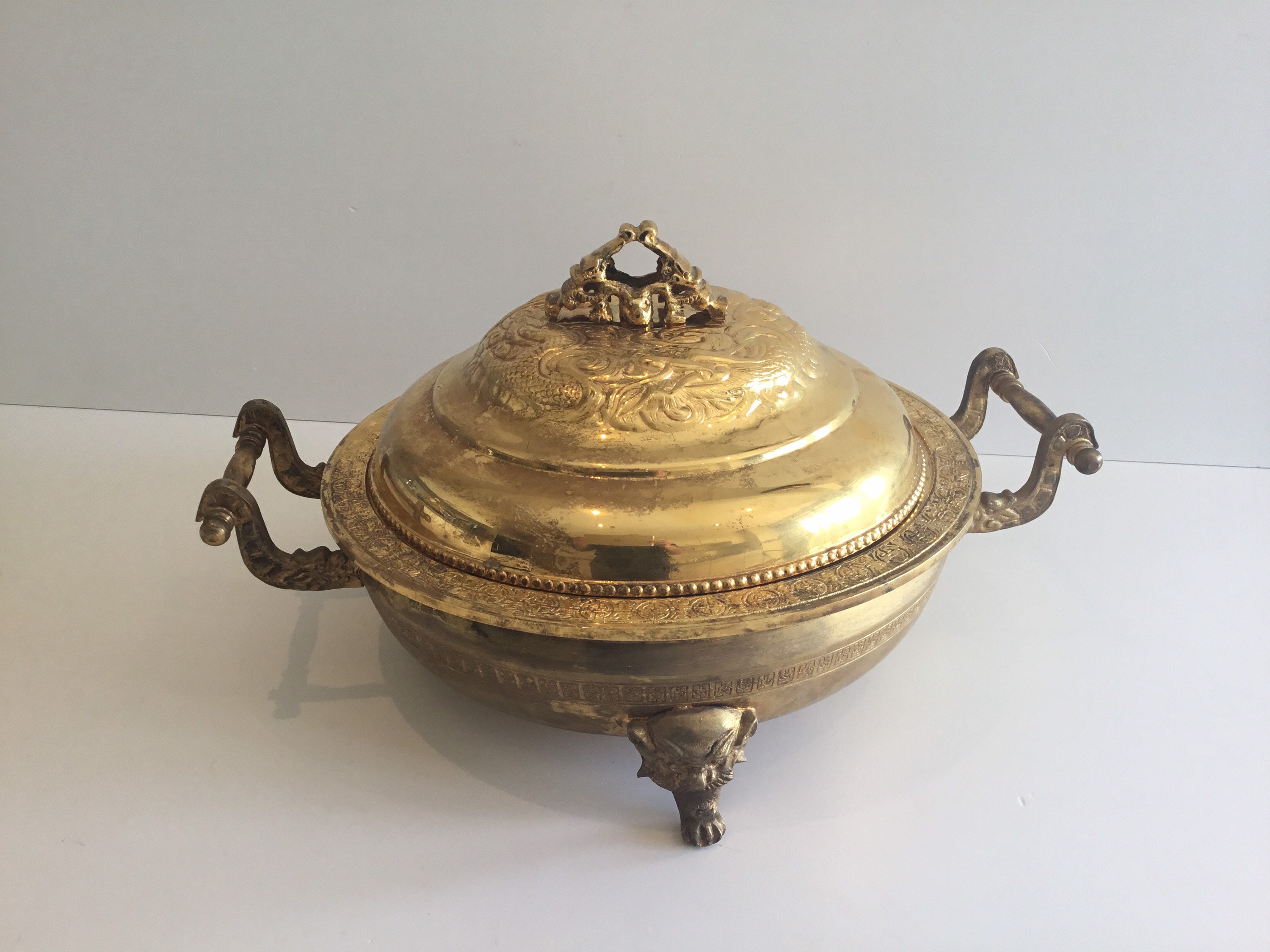 Vintage Chinese Bronze Vessel | 1920s Ritual Pan with Lid, Handmade Decorations — photo 2 of 11