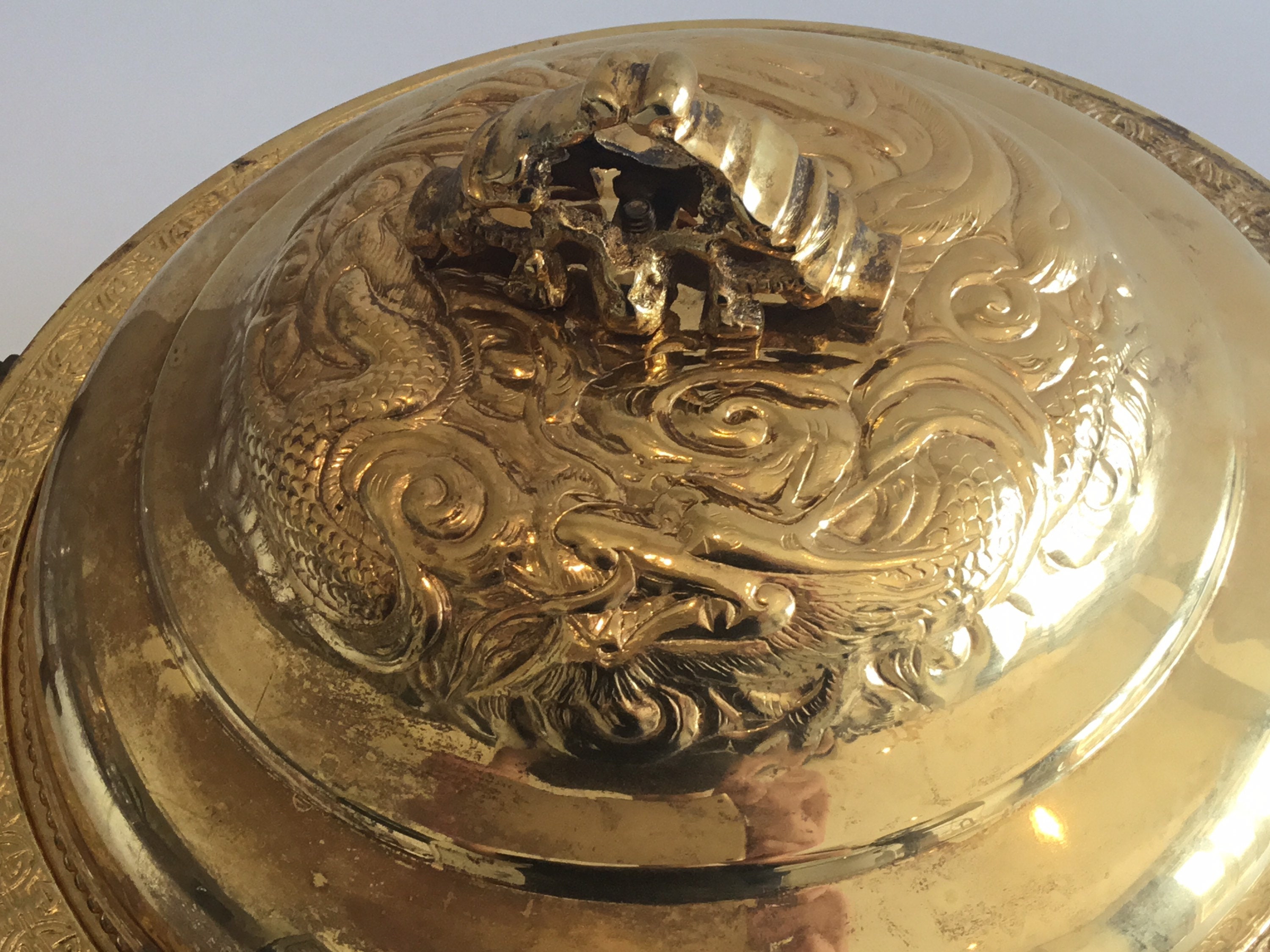 Vintage Chinese Bronze Vessel | 1920s Ritual Pan with Lid, Handmade Decorations — photo 11 of 11