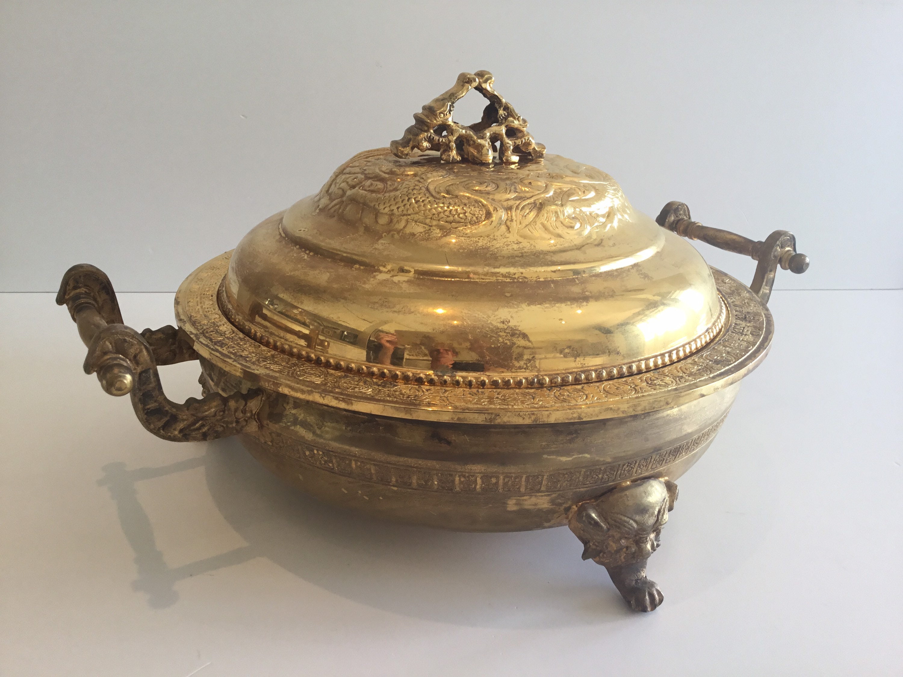 Vintage Chinese Bronze Vessel | 1920s Ritual Pan with Lid, Handmade Decorations — photo 3 of 11