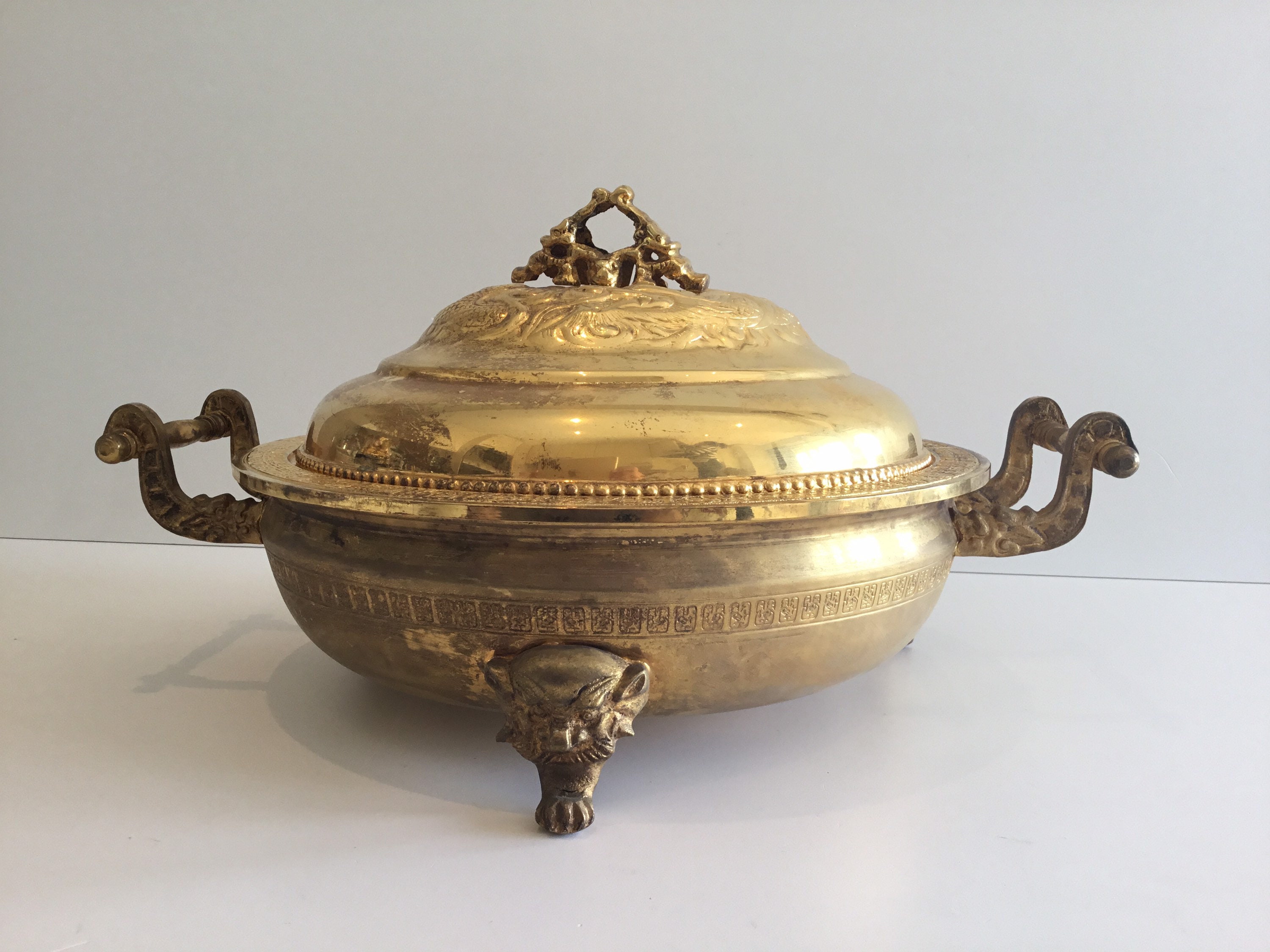 Vintage Chinese Bronze Vessel | 1920s Ritual Pan with Lid, Handmade Decorations — photo 4 of 11