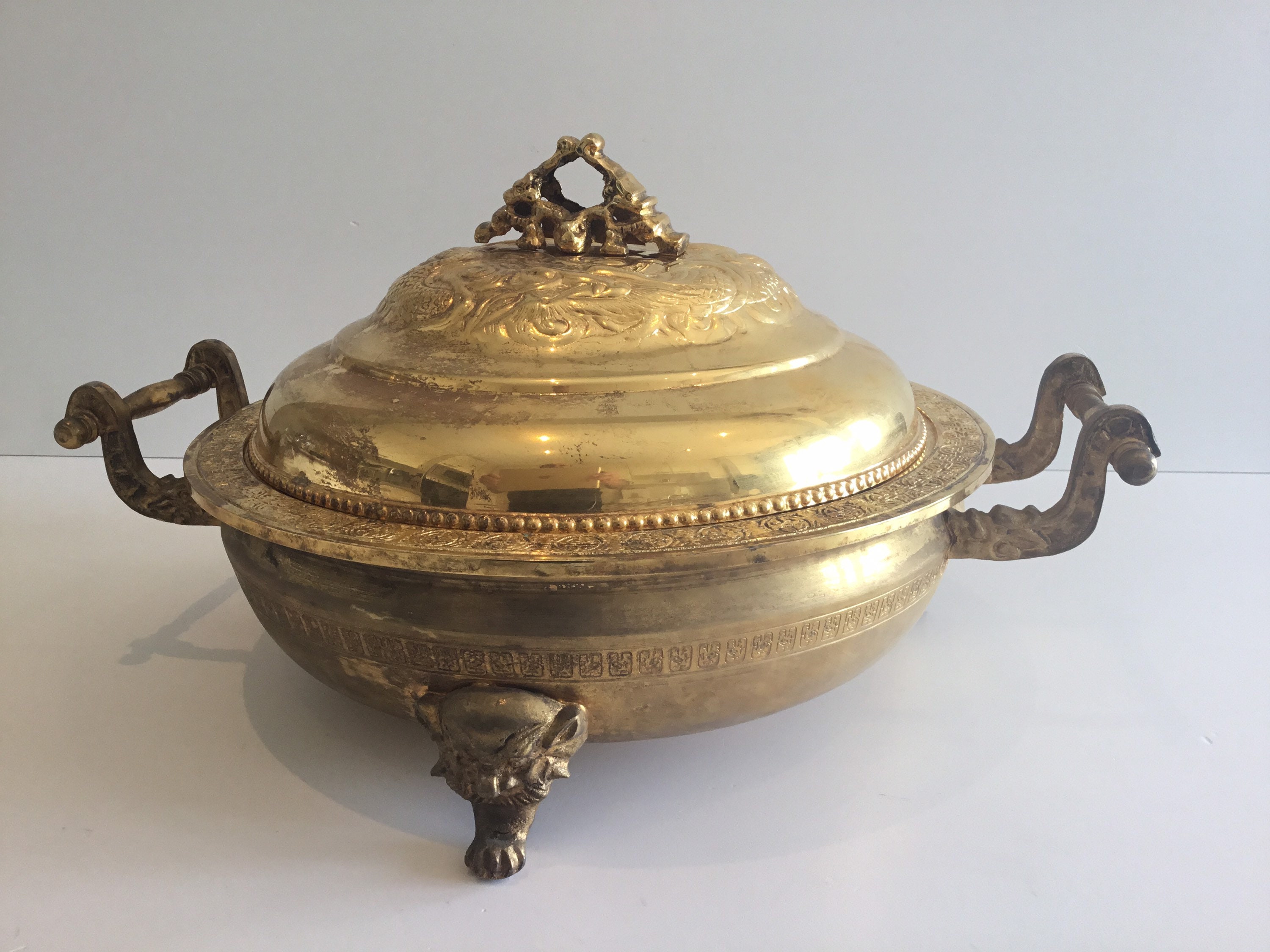 Vintage Chinese Bronze Vessel | 1920s Ritual Pan with Lid, Handmade Decorations — photo 5 of 11
