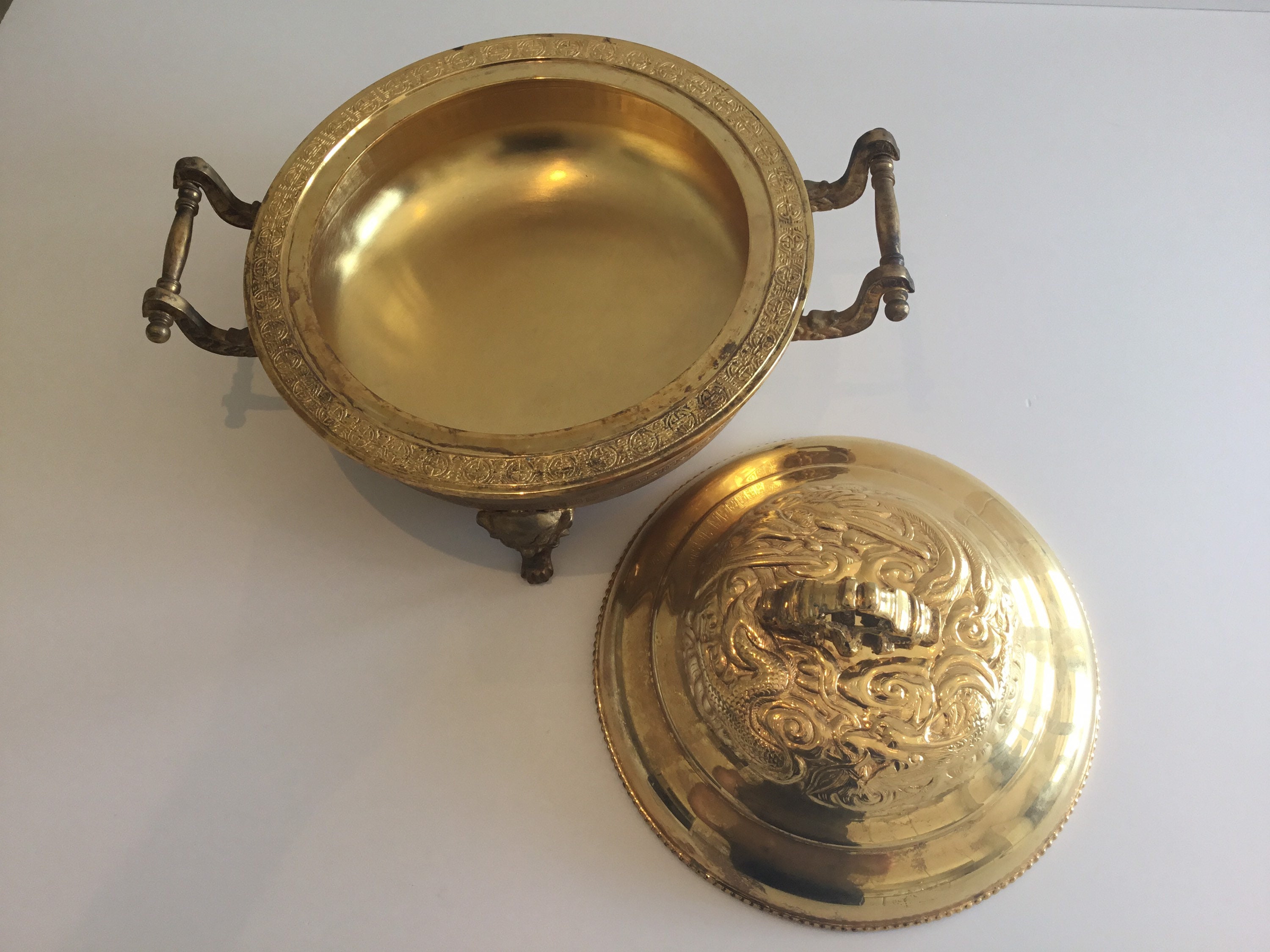 Vintage Chinese Bronze Vessel | 1920s Ritual Pan with Lid, Handmade Decorations — photo 6 of 11