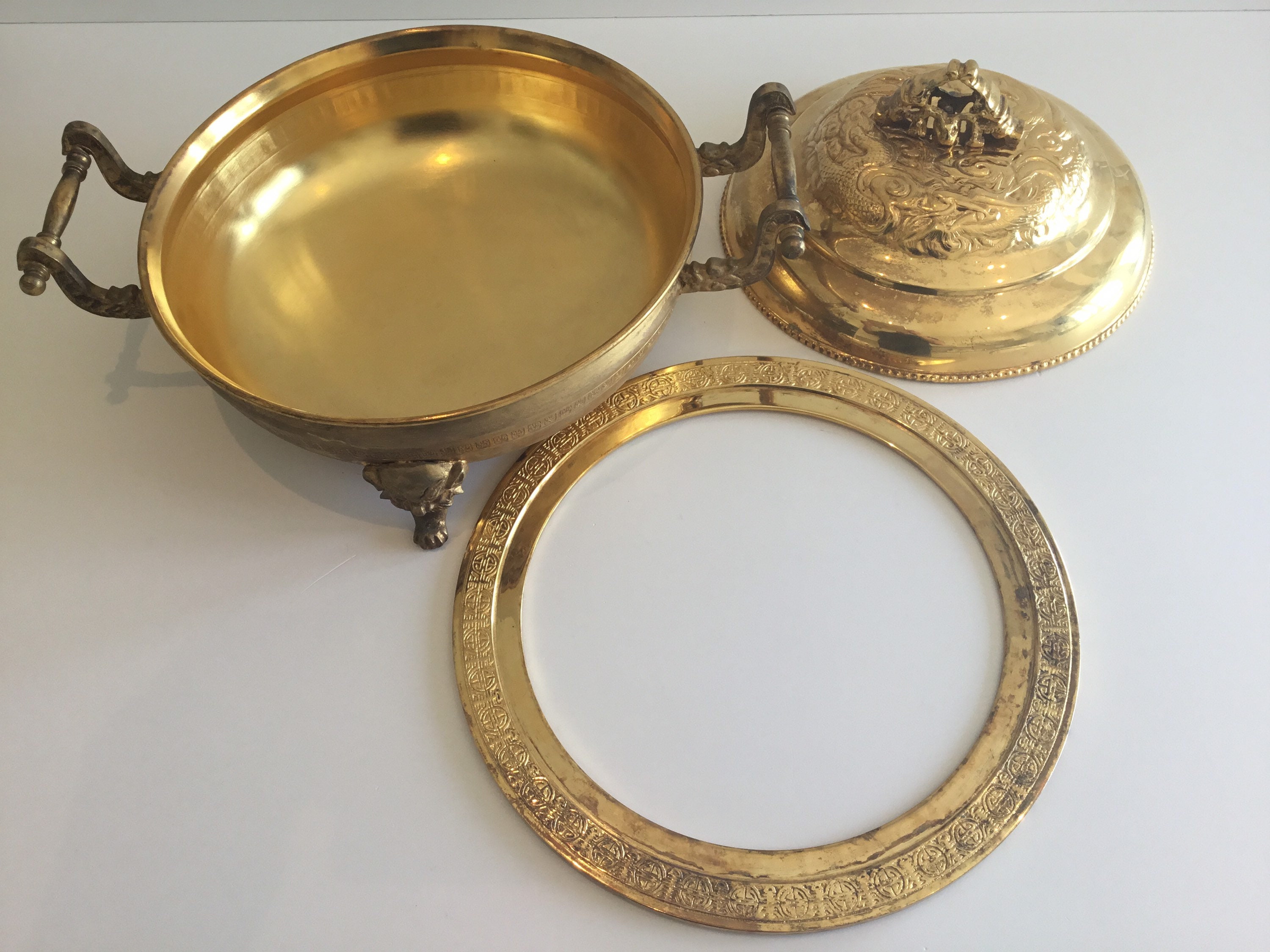 Vintage Chinese Bronze Vessel | 1920s Ritual Pan with Lid, Handmade Decorations — photo 7 of 11