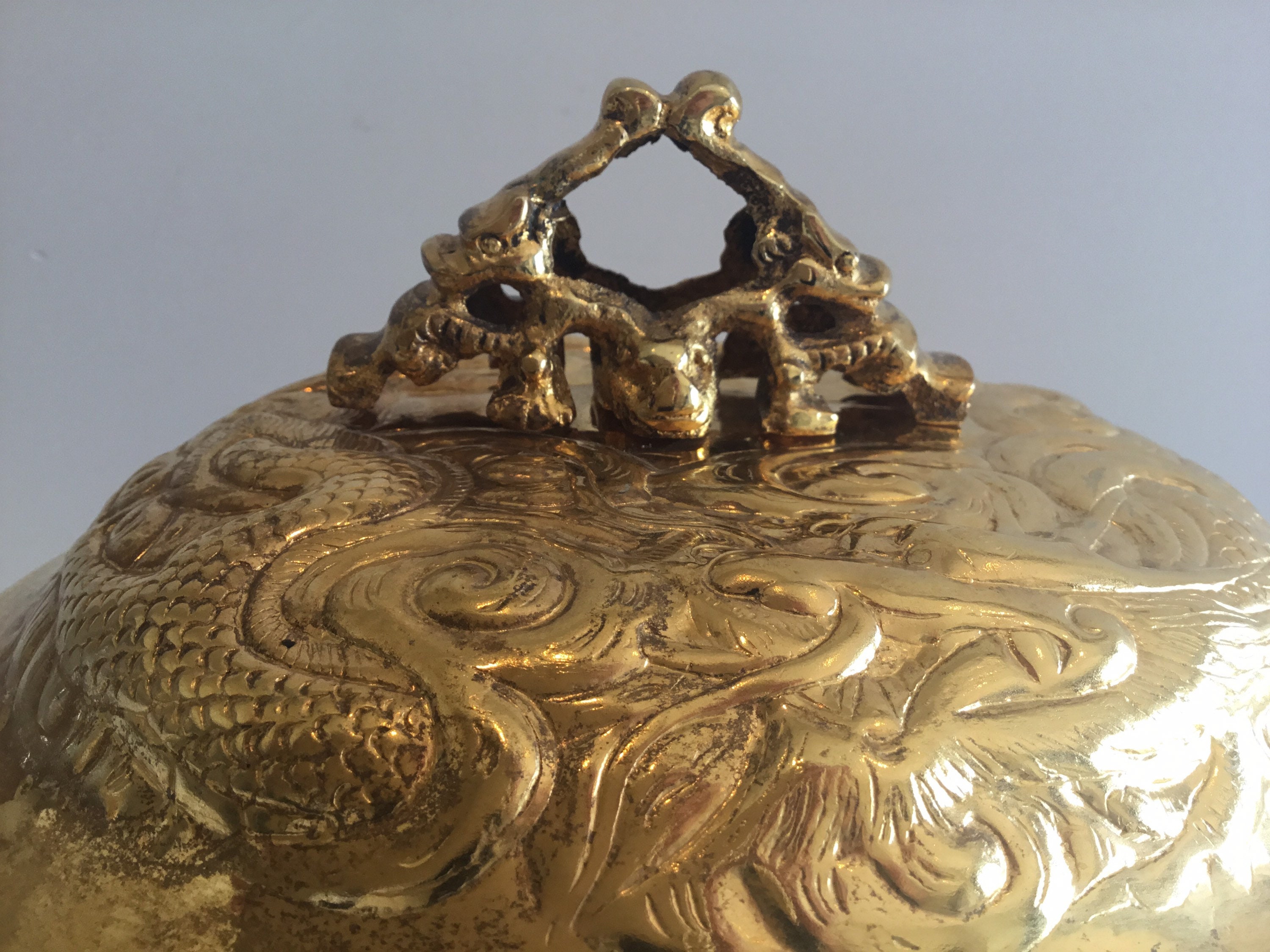Vintage Chinese Bronze Vessel | 1920s Ritual Pan with Lid, Handmade Decorations — photo 9 of 11