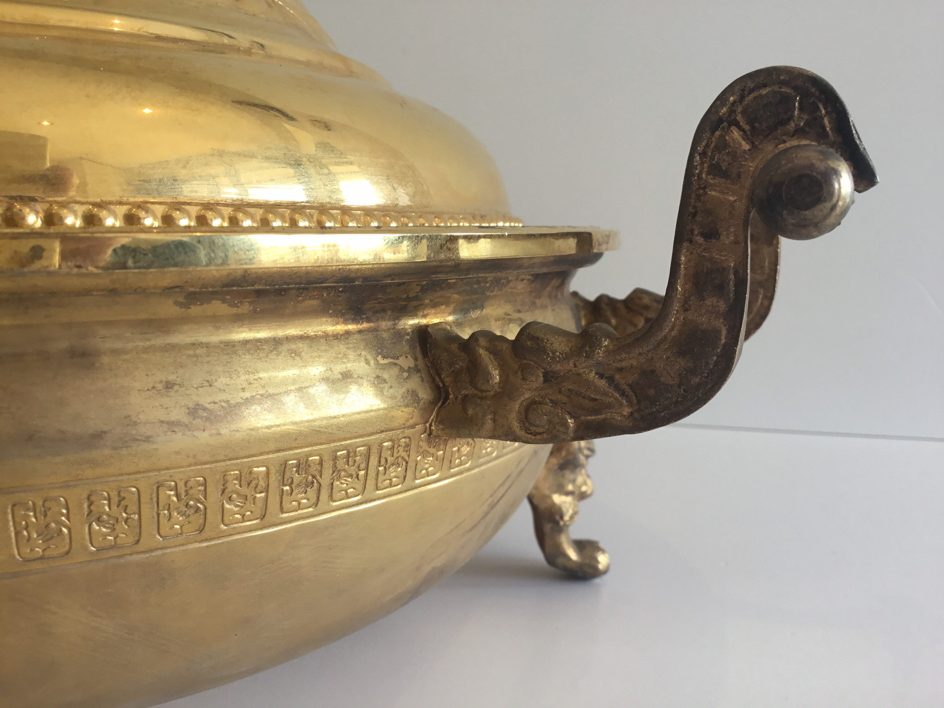 Vintage Chinese Bronze Vessel | 1920s Ritual Pan with Lid, Handmade Decorations — photo 10 of 11