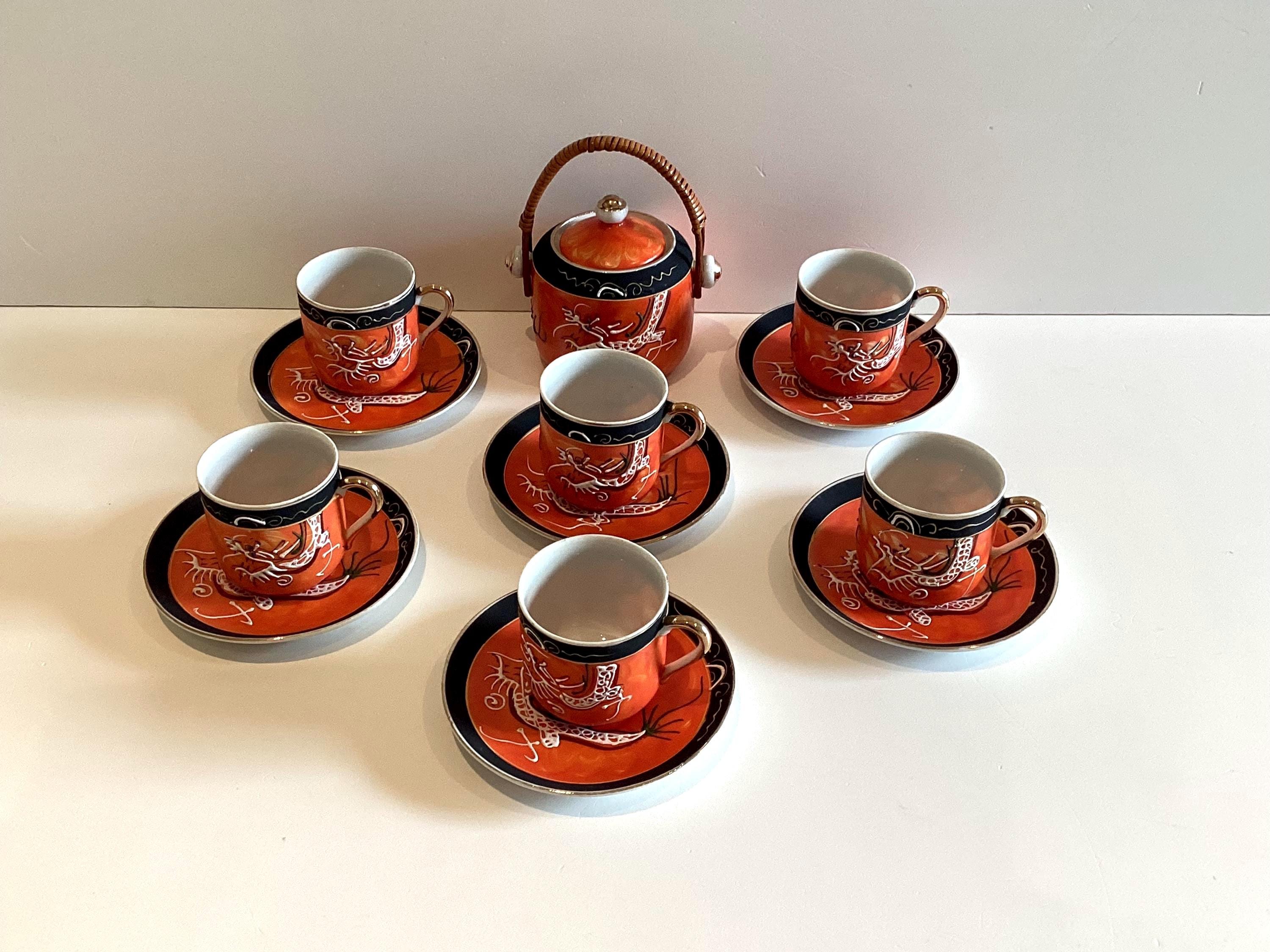 Vintage Japanese Fine Porcelain Coffee Cups Saucers, 1950s Moriage Dragonware — photo 2 of 11