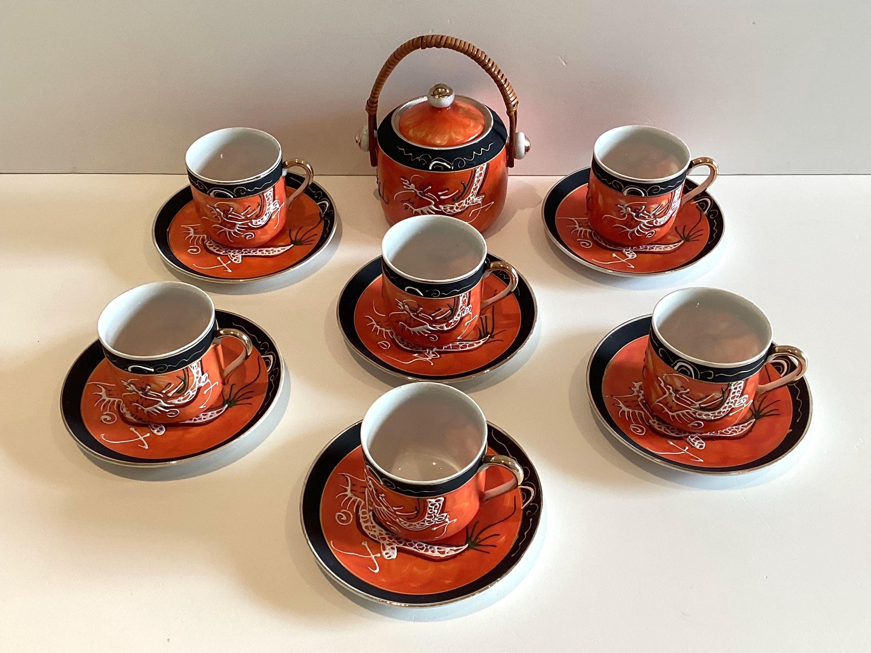 Vintage Japanese Fine Porcelain Coffee Cups Saucers, 1950s Moriage Dragonware — photo 3 of 11