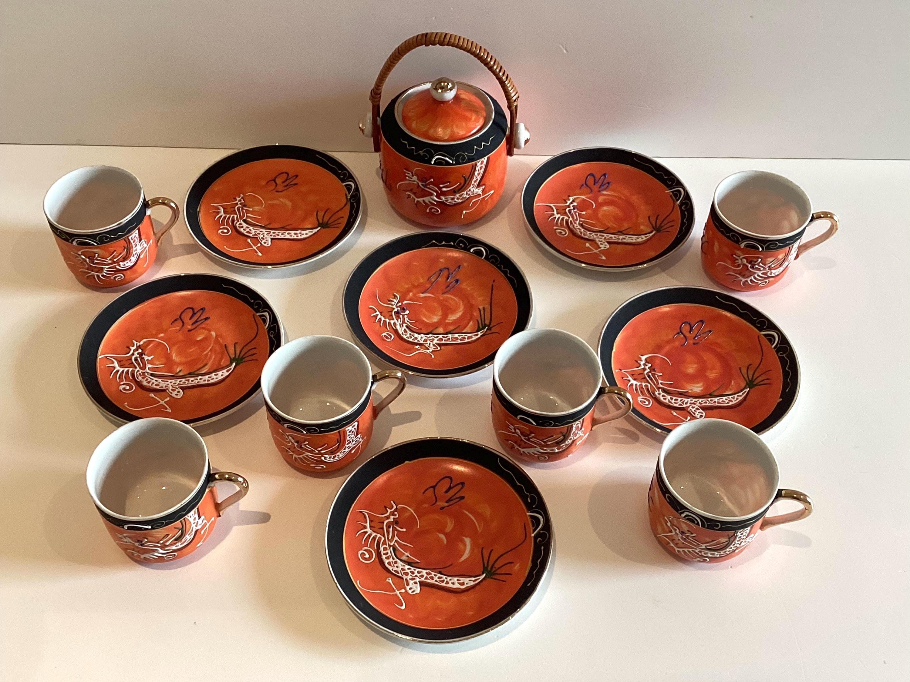 Vintage Japanese Fine Porcelain Coffee Cups Saucers, 1950s Moriage Dragonware — photo 4 of 11