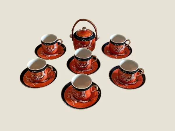 Vintage Japanese Fine Porcelain Coffee Cups Saucers, 1950s Moriage Dragonware