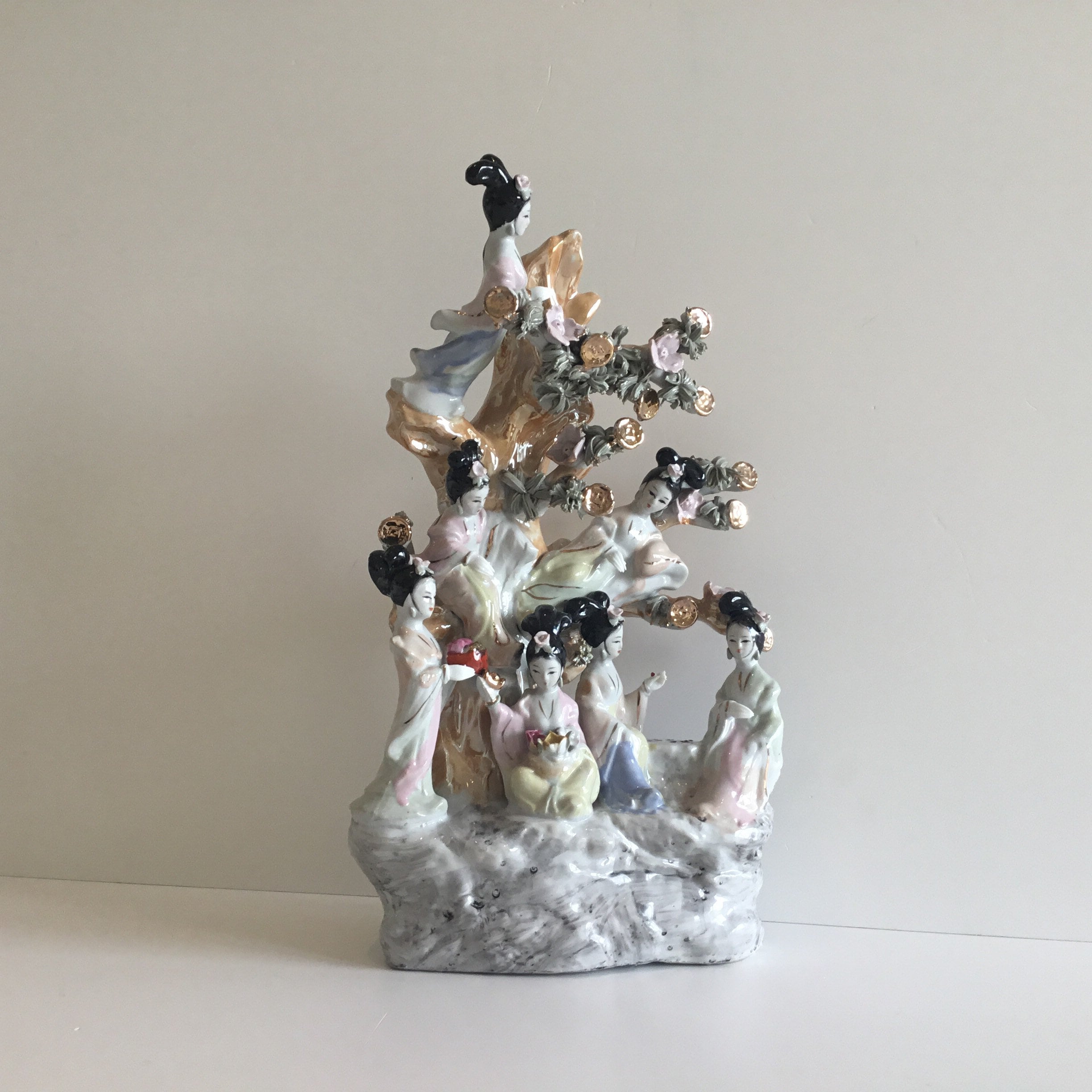 Vintage Porcelain Sculpture | 1960s Chinese Geisha & Money Tree, Large Hand Painted Goddesses — photo 2 of 11
