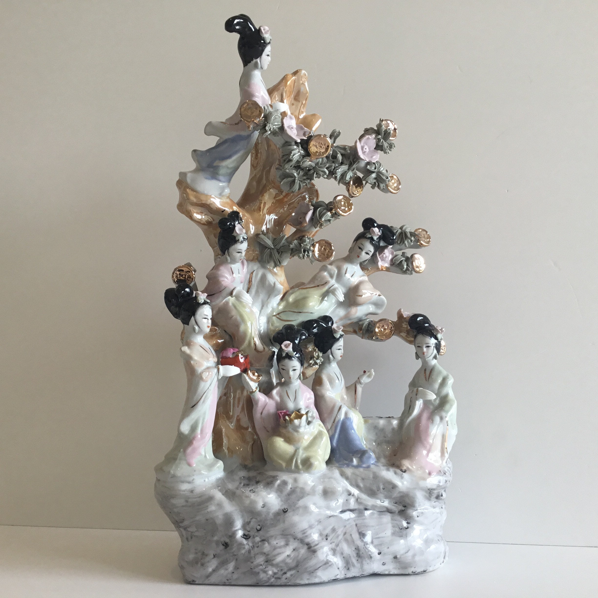 Vintage Porcelain Sculpture | 1960s Chinese Geisha & Money Tree, Large Hand Painted Goddesses — photo 3 of 11