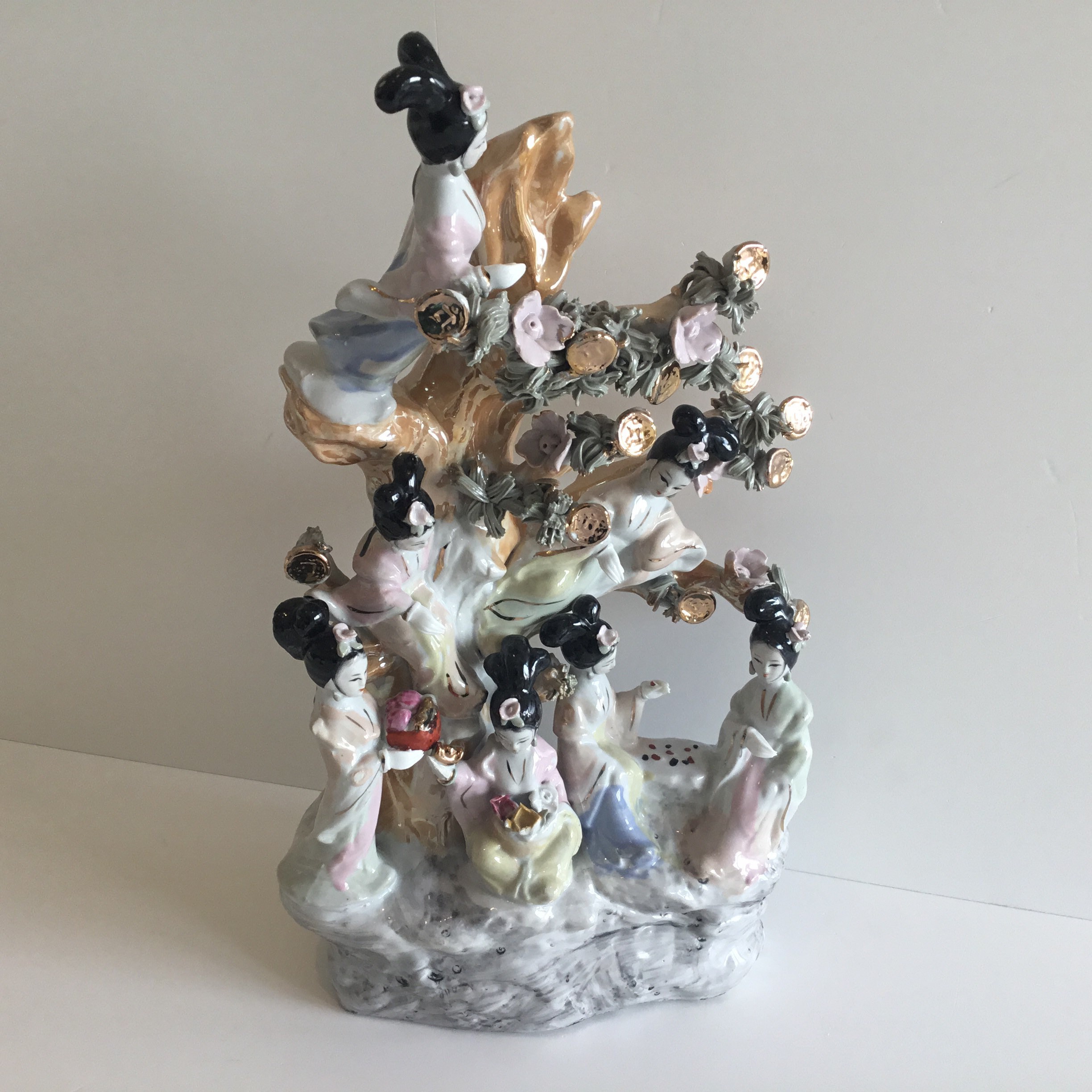 Vintage Porcelain Sculpture | 1960s Chinese Geisha & Money Tree, Large Hand Painted Goddesses — photo 5 of 11