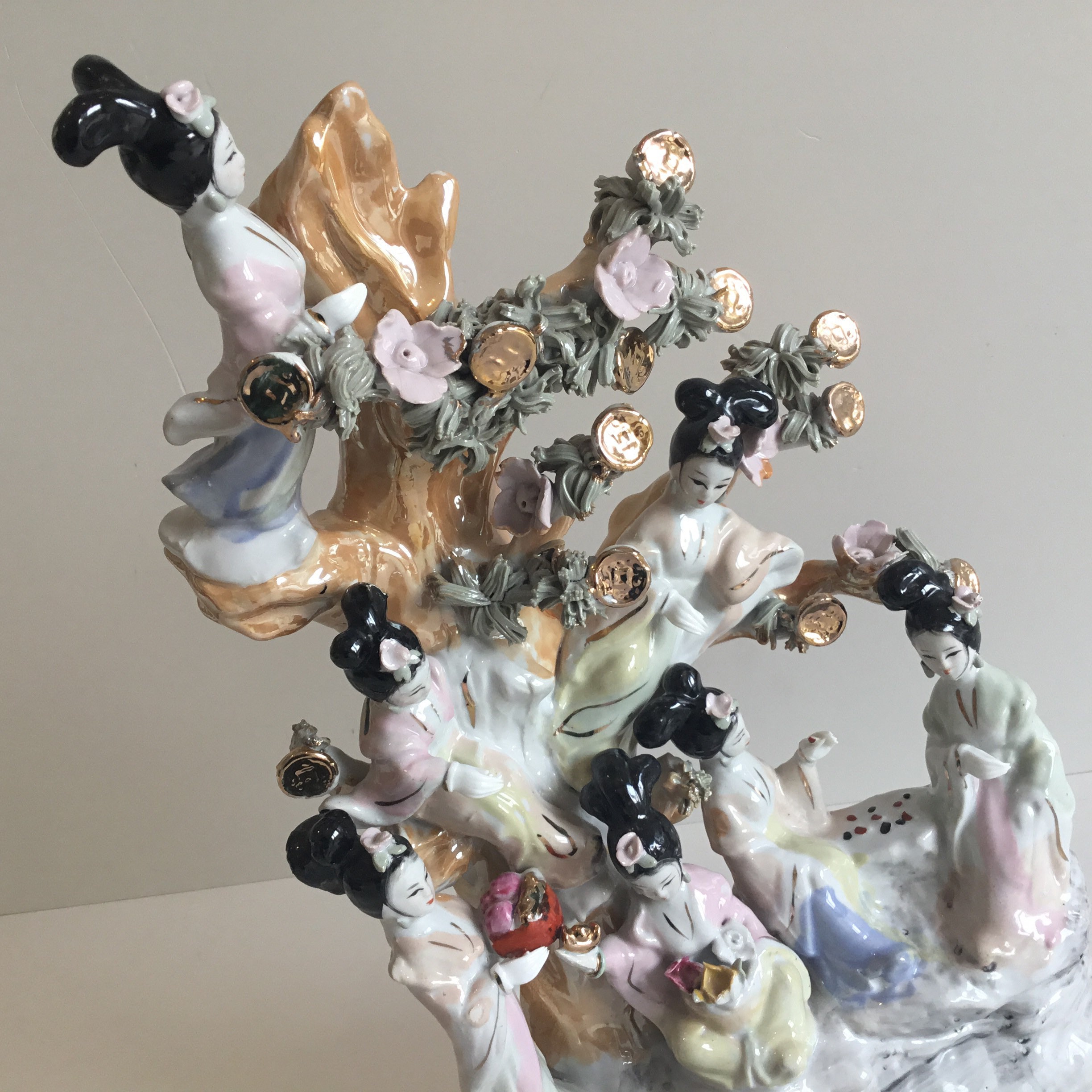 Vintage Porcelain Sculpture | 1960s Chinese Geisha & Money Tree, Large Hand Painted Goddesses — photo 6 of 11