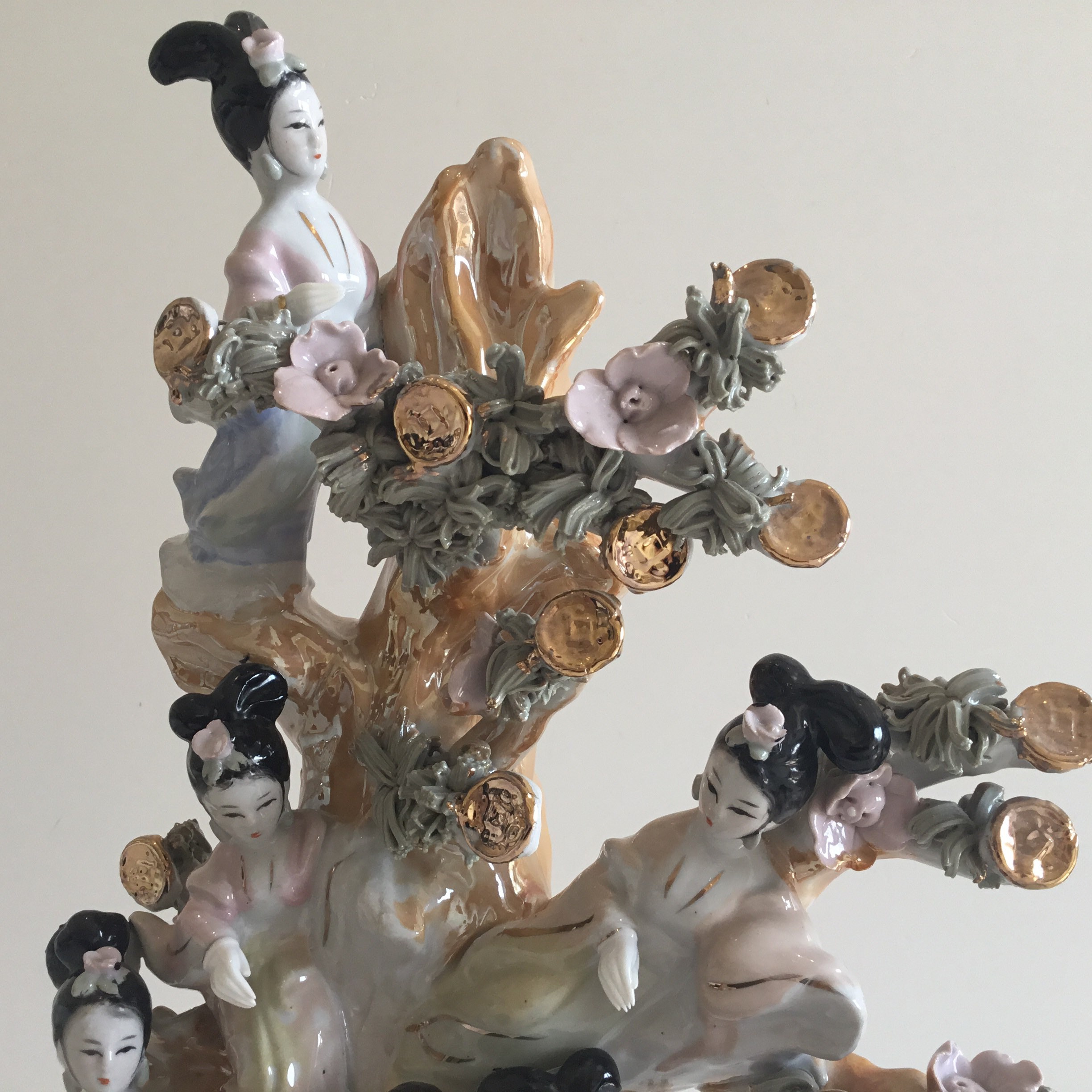 Vintage Porcelain Sculpture | 1960s Chinese Geisha & Money Tree, Large Hand Painted Goddesses — photo 7 of 11