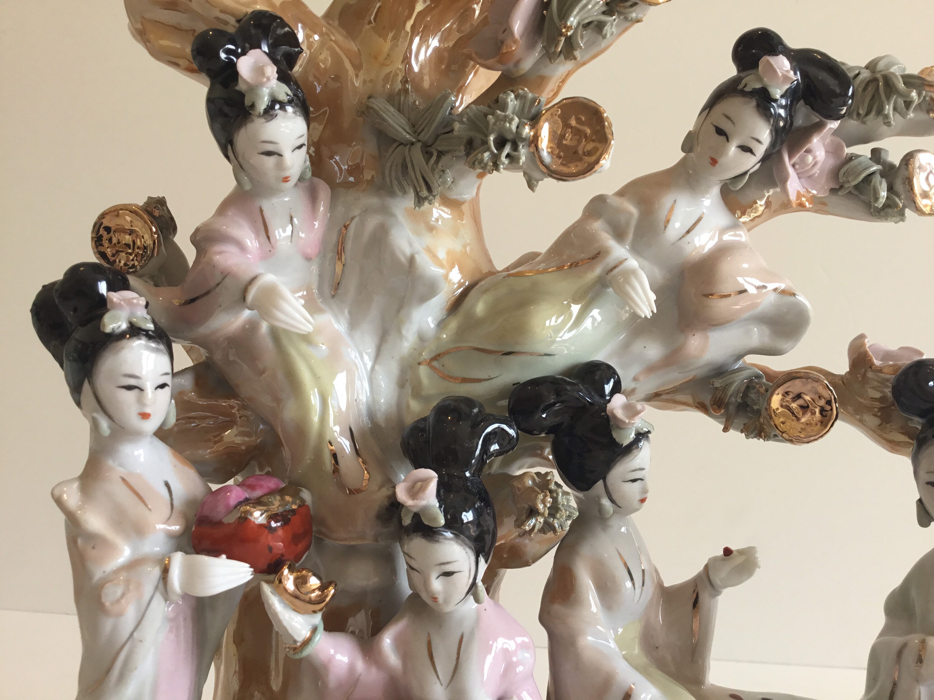 Vintage Porcelain Sculpture | 1960s Chinese Geisha & Money Tree, Large Hand Painted Goddesses — photo 8 of 11