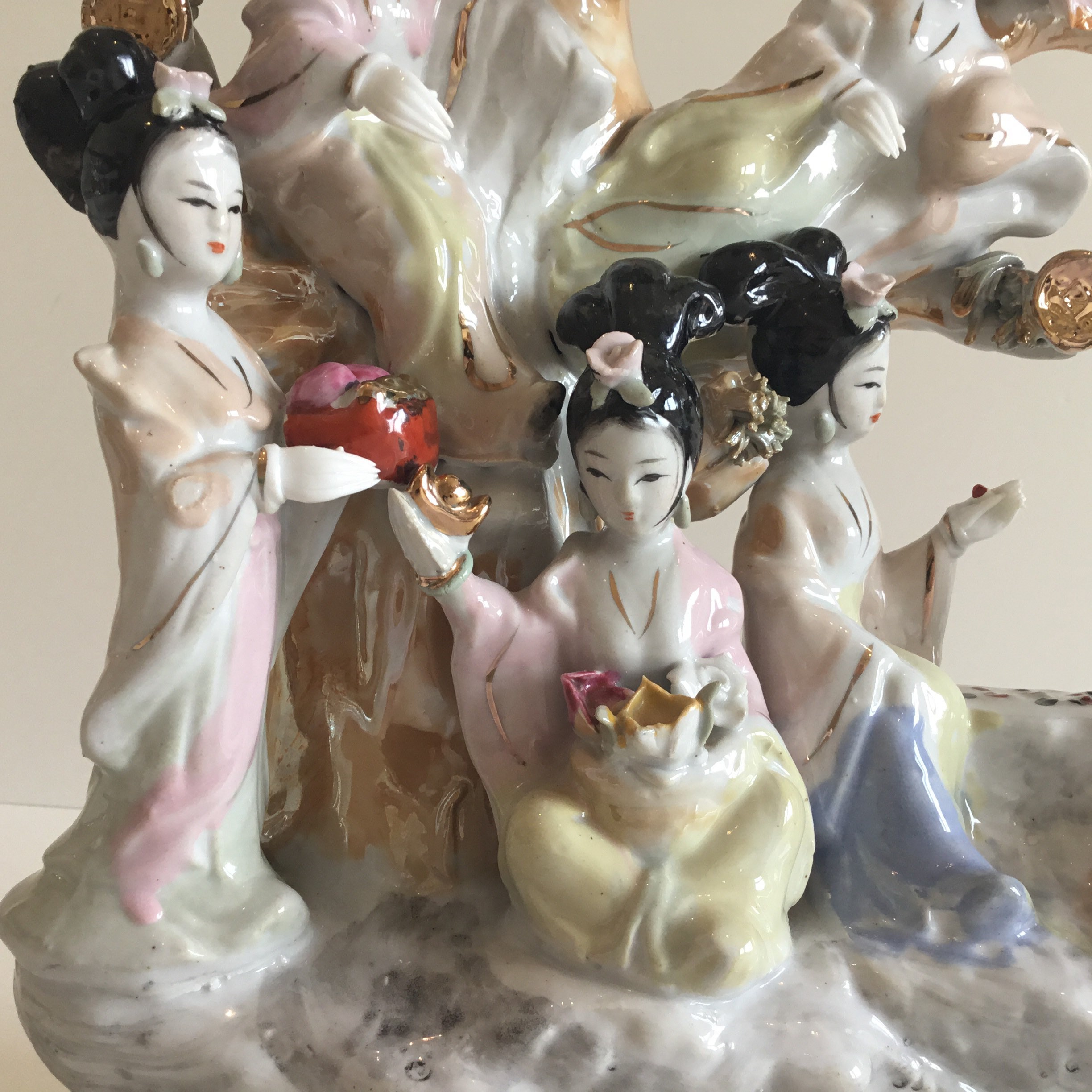 Vintage Porcelain Sculpture | 1960s Chinese Geisha & Money Tree, Large Hand Painted Goddesses — photo 9 of 11