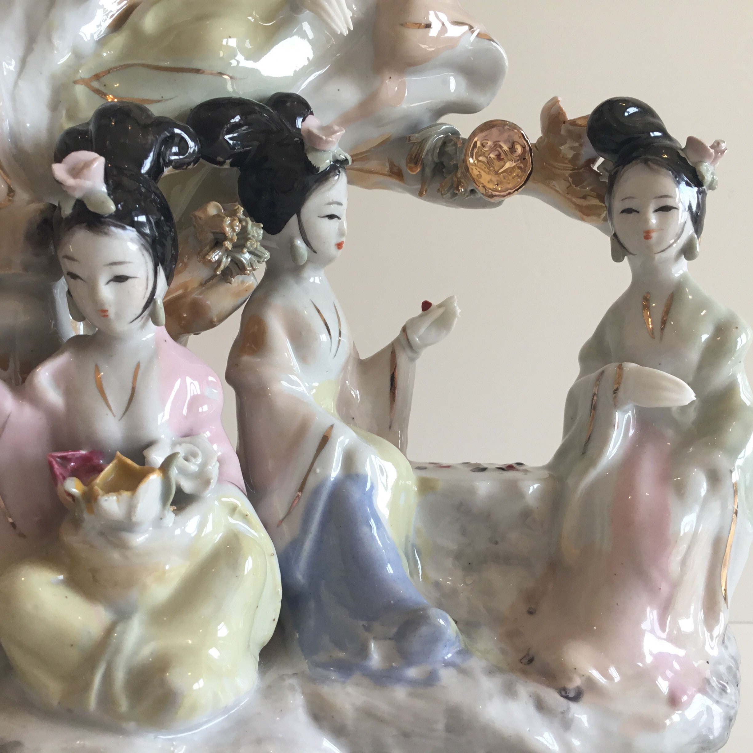 Vintage Porcelain Sculpture | 1960s Chinese Geisha & Money Tree, Large Hand Painted Goddesses — photo 10 of 11