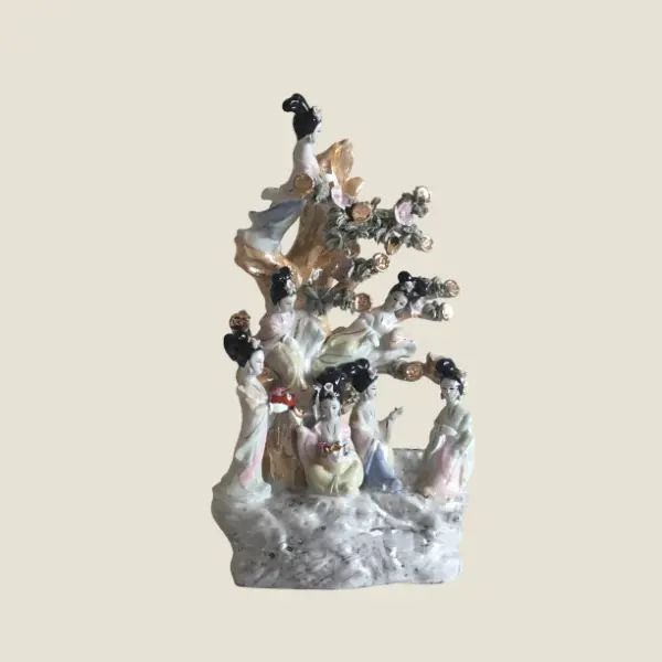Vintage Porcelain Sculpture | 1960s Chinese Geisha & Money Tree, Large Hand Painted Goddesses