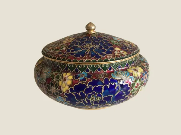 Vintage Cloisonné Bowl | 1950s Chinese Enamel Art, Handmade Golden Relief Decoration