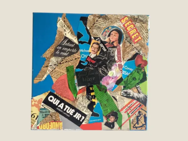Vintage Pop Art Collage | 1990s French Handmade Canvas, Signed & Titled "Cinq à Sept"