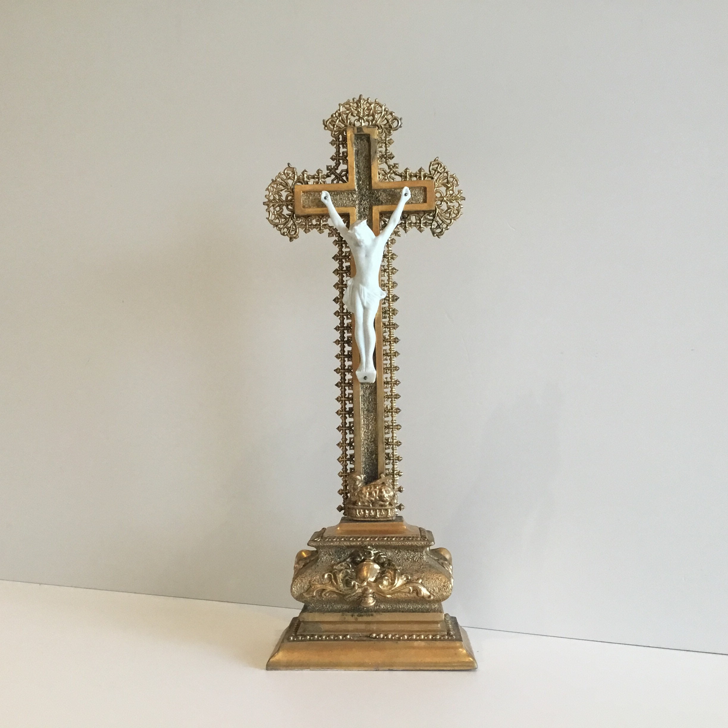 Antique Crucifix | 1940s French Gilded Wood, Bisque Porcelain Christ Gold Metal Decor — photo 2 of 9
