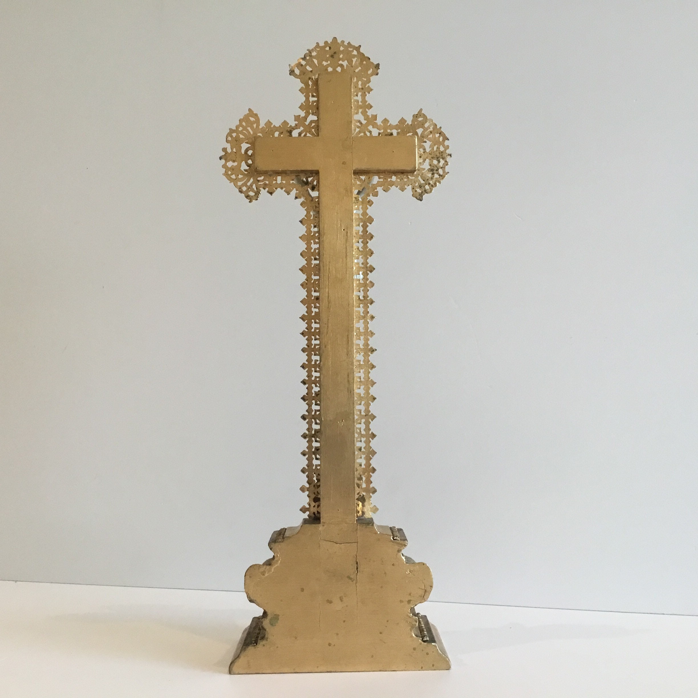 Antique Crucifix | 1940s French Gilded Wood, Bisque Porcelain Christ Gold Metal Decor — photo 5 of 9