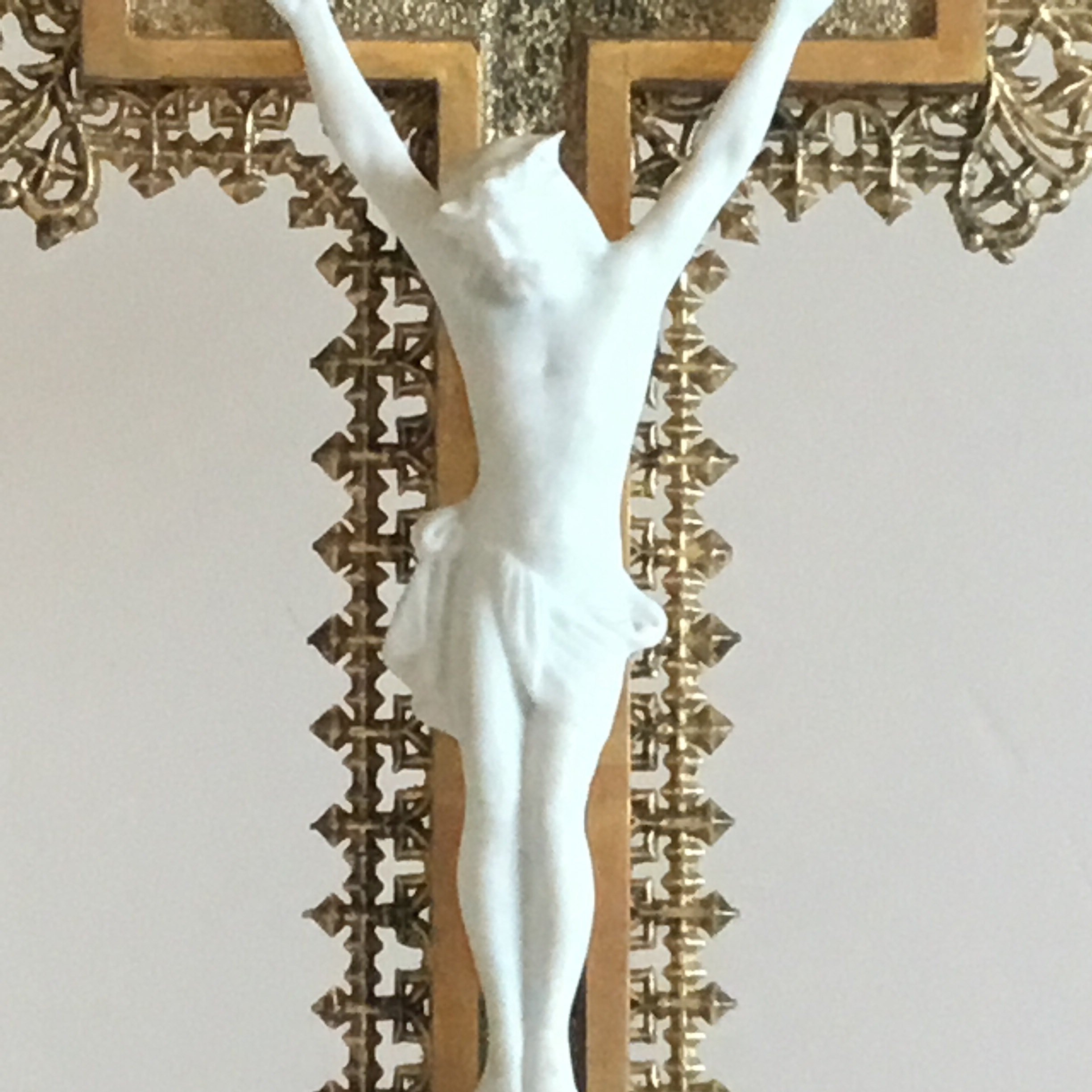 Antique Crucifix | 1940s French Gilded Wood, Bisque Porcelain Christ Gold Metal Decor — photo 6 of 9
