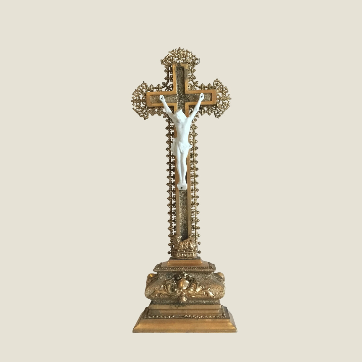Antique Crucifix | 1940s French Gilded Wood, Bisque Porcelain Christ Gold Metal Decor