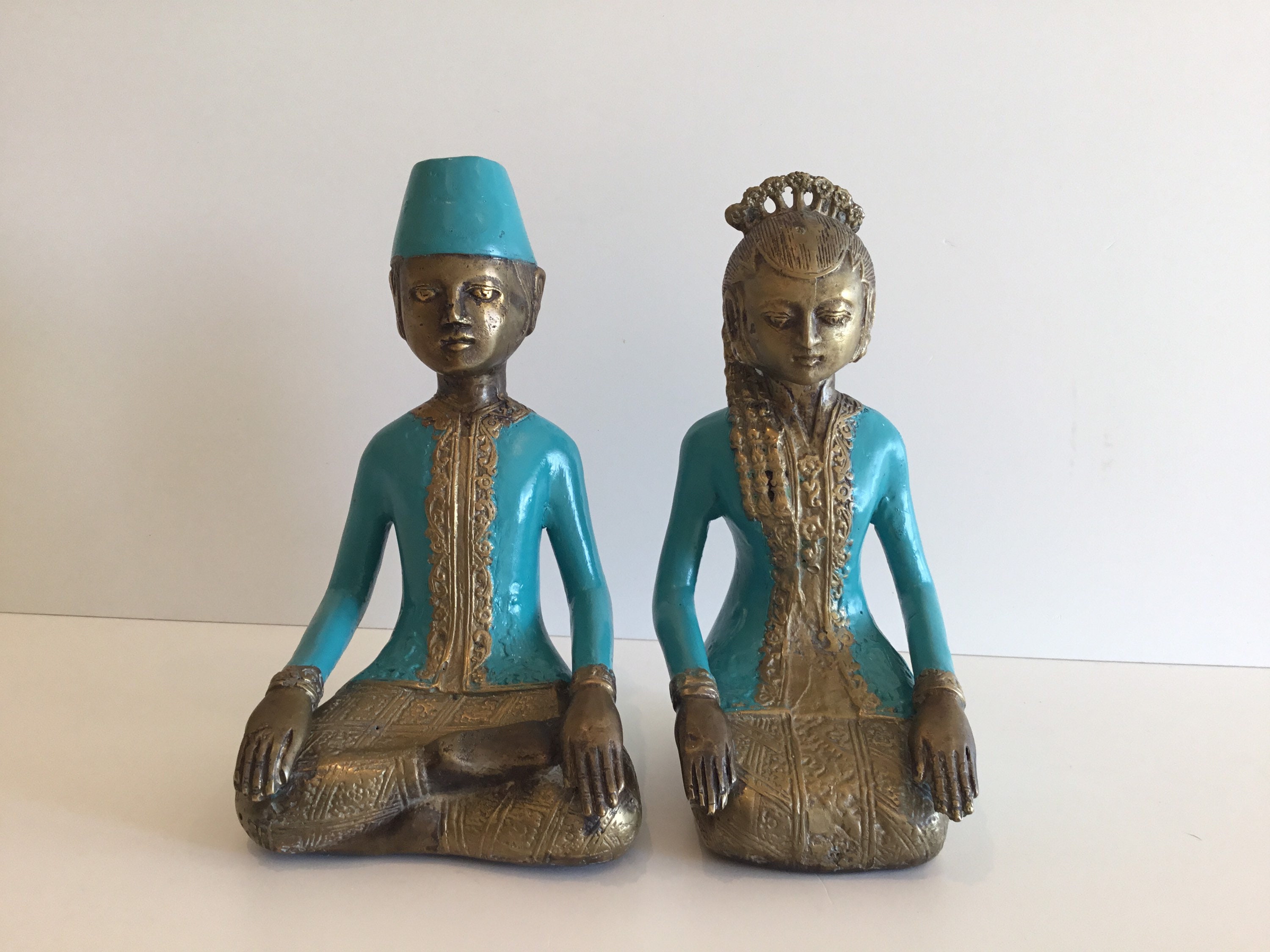 Antique Brass Figurines | 1880-1900 Colonial "Loro Blonyo" Pair, Java Indo-European Statues — photo 2 of 8