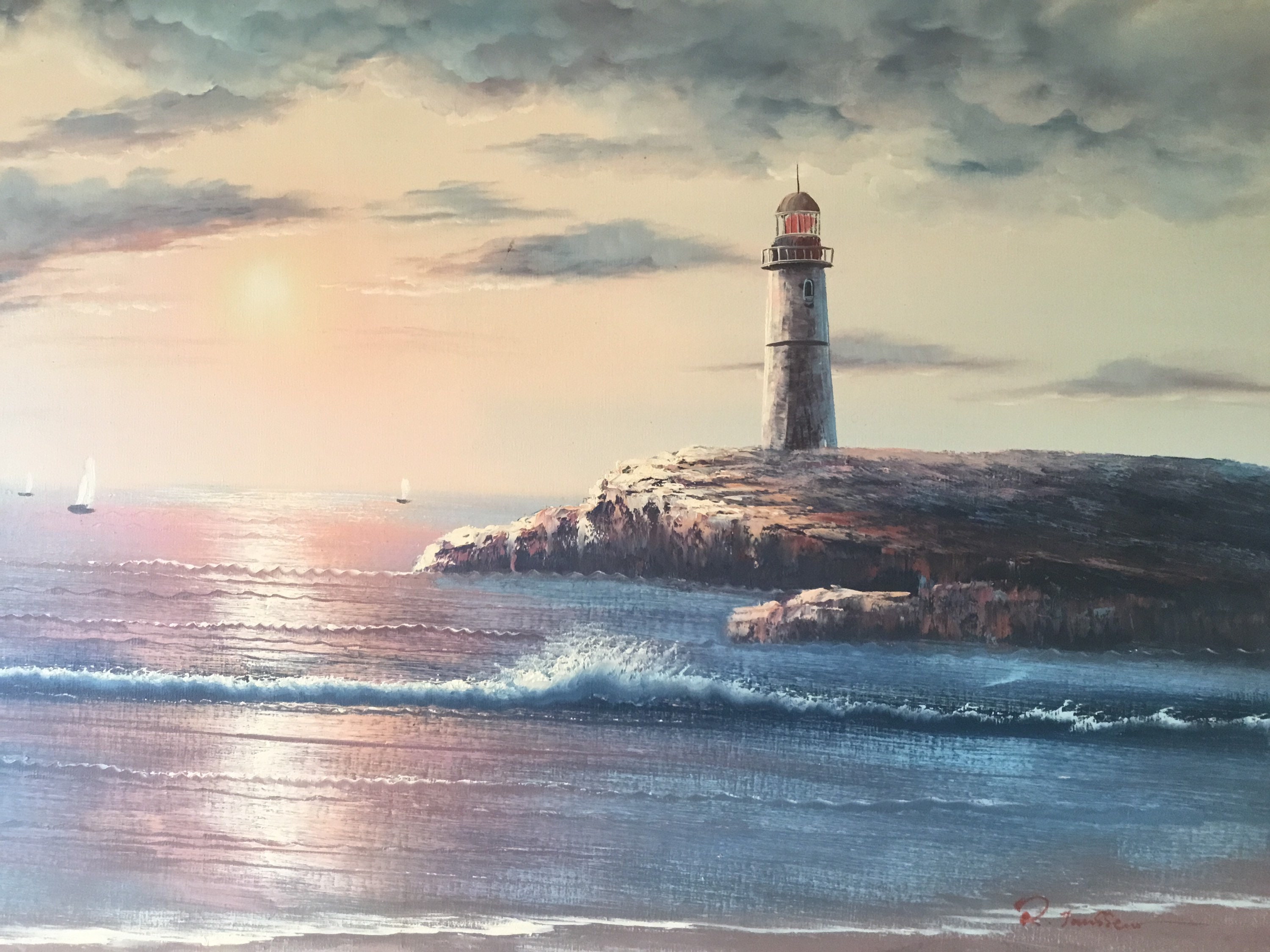 Vintage Painting | Large Seascape Lighthouse 1970s French Artist P. Janssen — photo 2 of 8