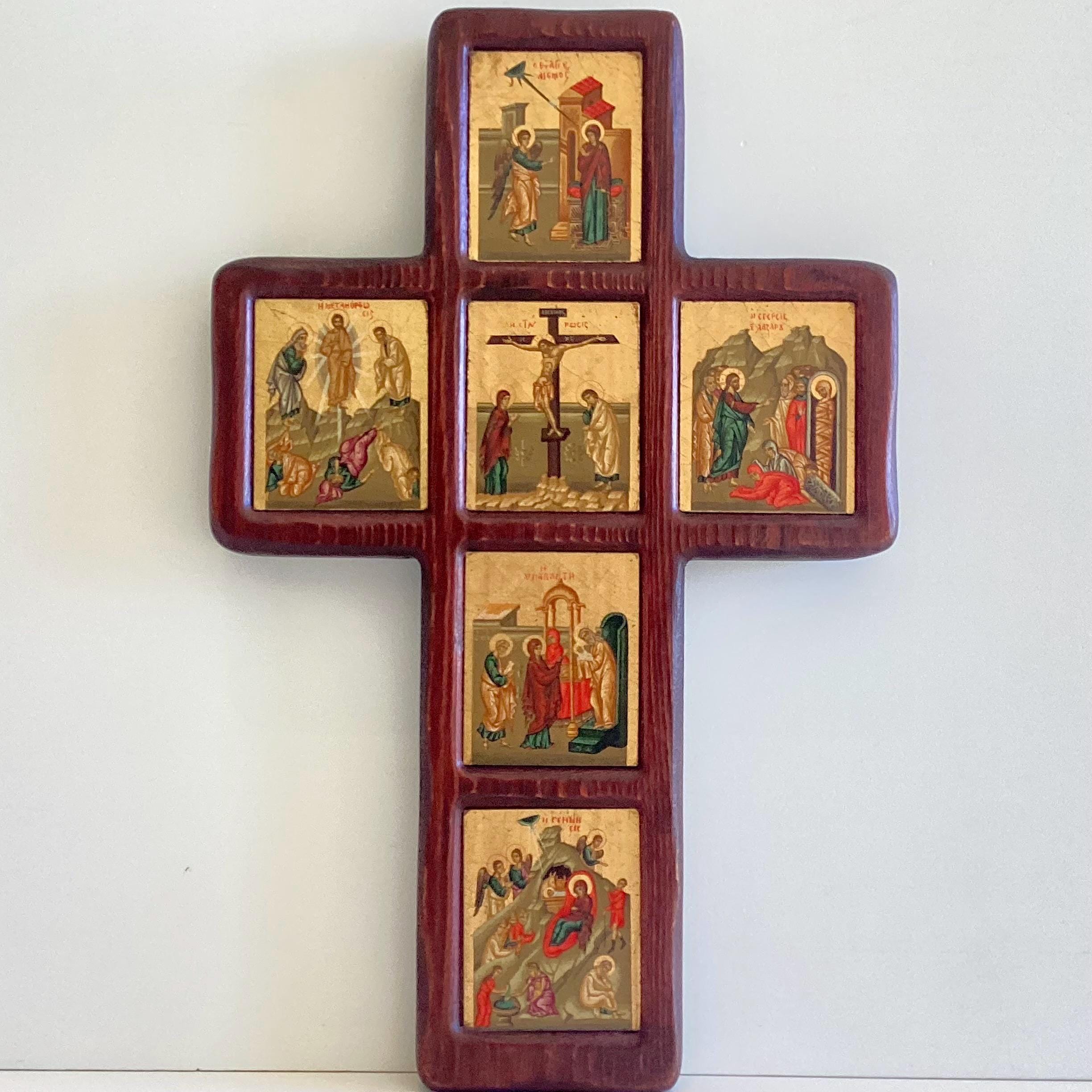 Vintage Icon | 1970s Byzantine Cross, Six Miniature Registers, Gold Ground on Canvas & Wood — photo 2 of 9