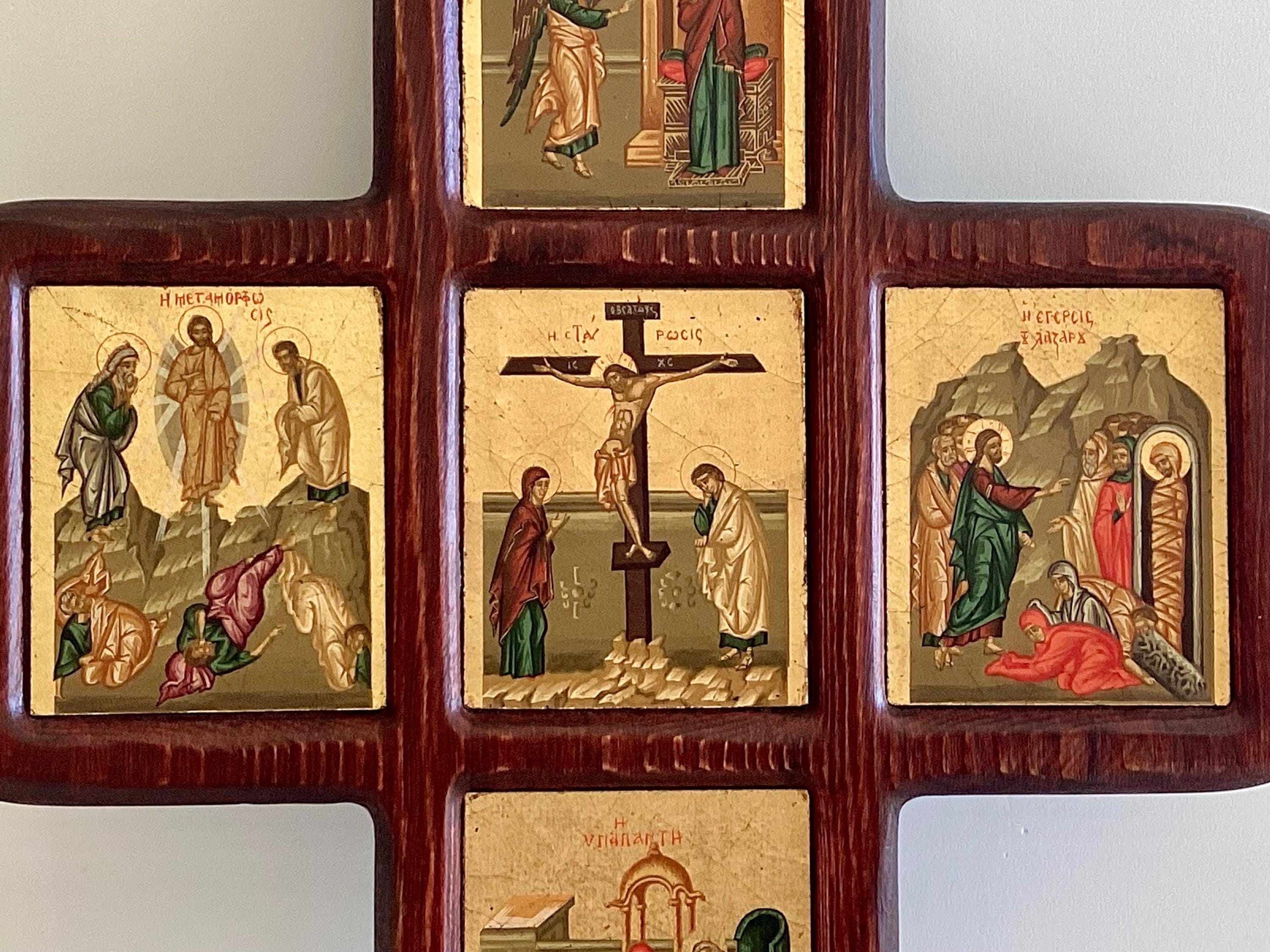 Vintage Icon | 1970s Byzantine Cross, Six Miniature Registers, Gold Ground on Canvas & Wood — photo 3 of 9