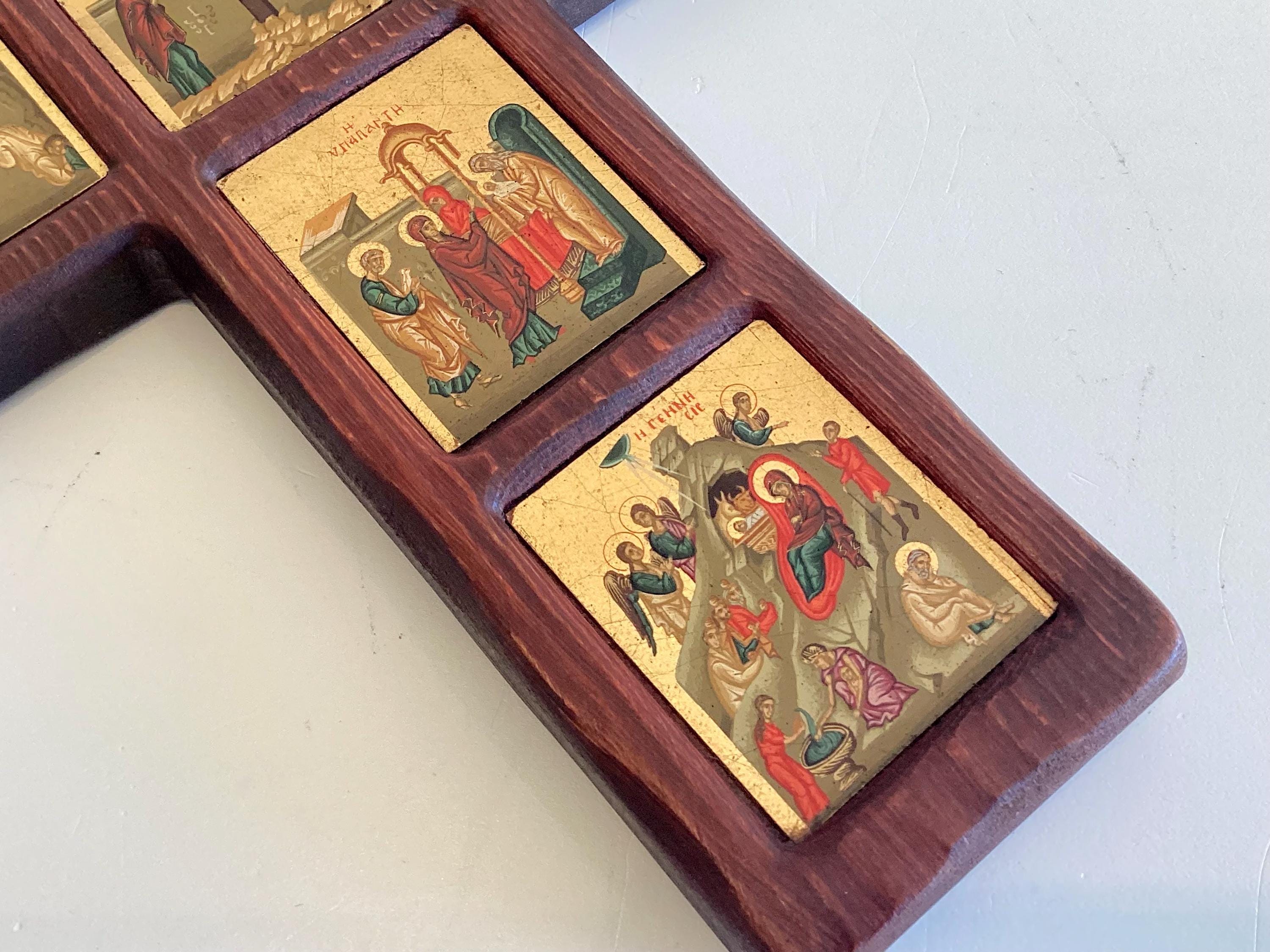 Vintage Icon | 1970s Byzantine Cross, Six Miniature Registers, Gold Ground on Canvas & Wood — photo 4 of 9
