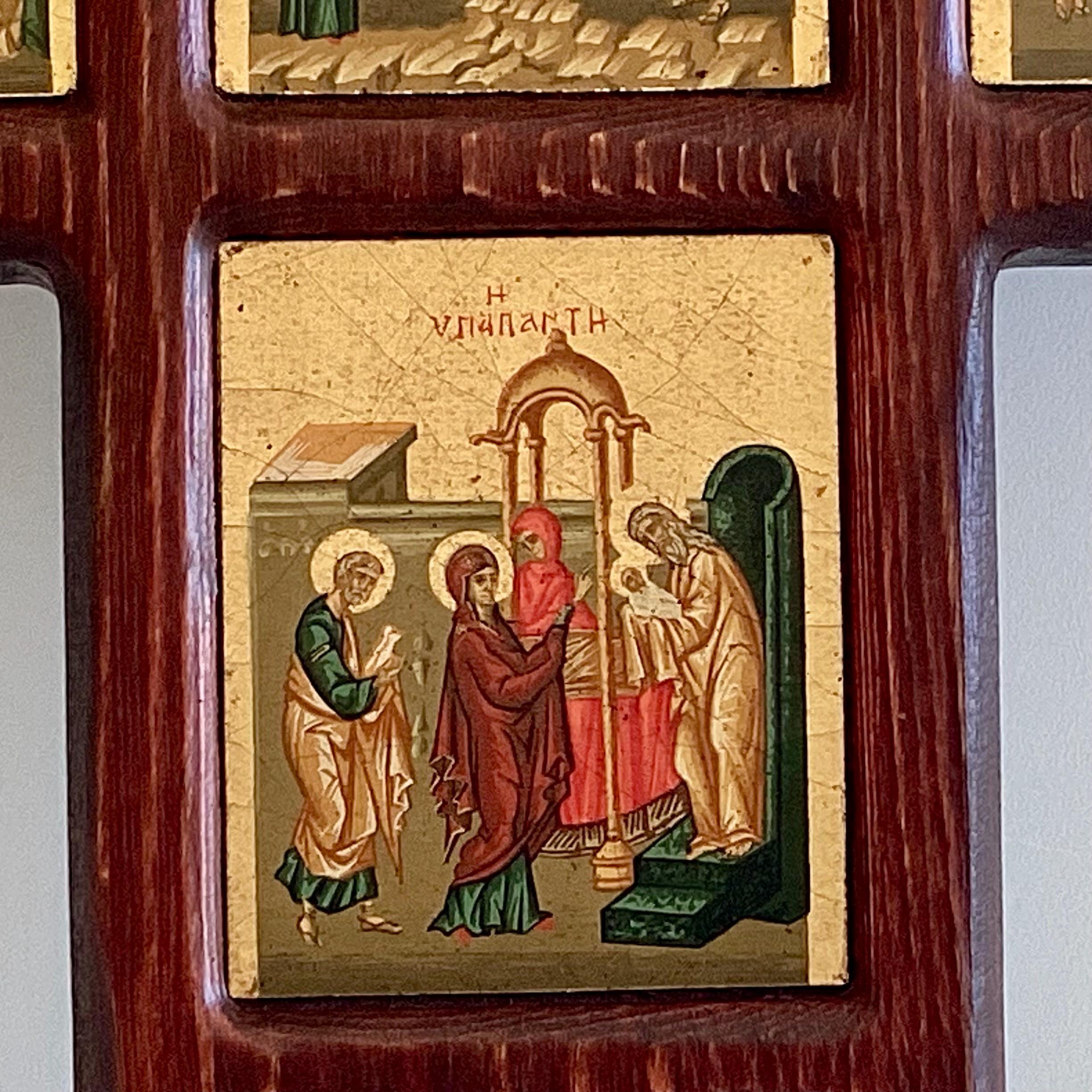 Vintage Icon | 1970s Byzantine Cross, Six Miniature Registers, Gold Ground on Canvas & Wood — photo 5 of 9