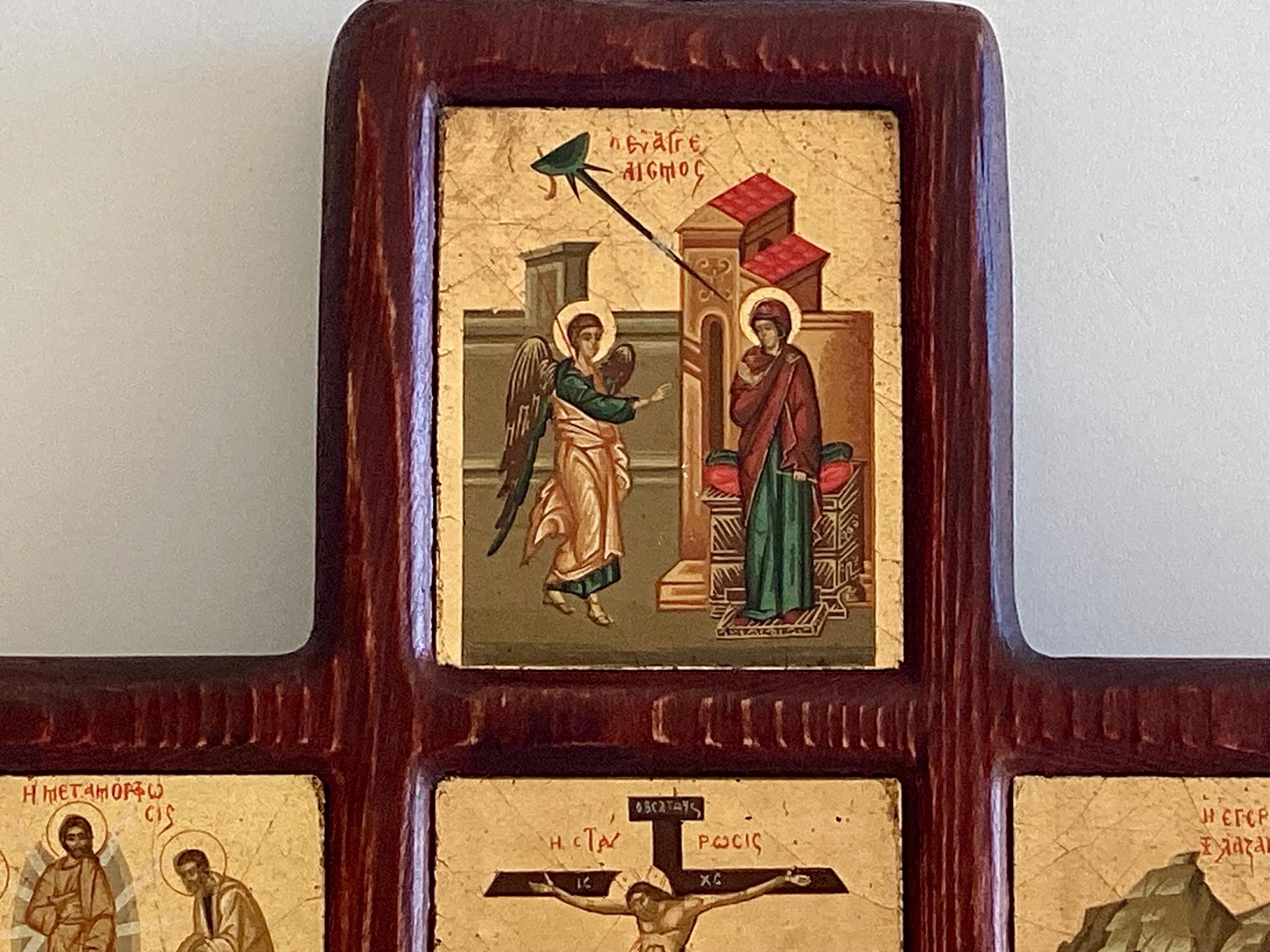 Vintage Icon | 1970s Byzantine Cross, Six Miniature Registers, Gold Ground on Canvas & Wood — photo 6 of 9