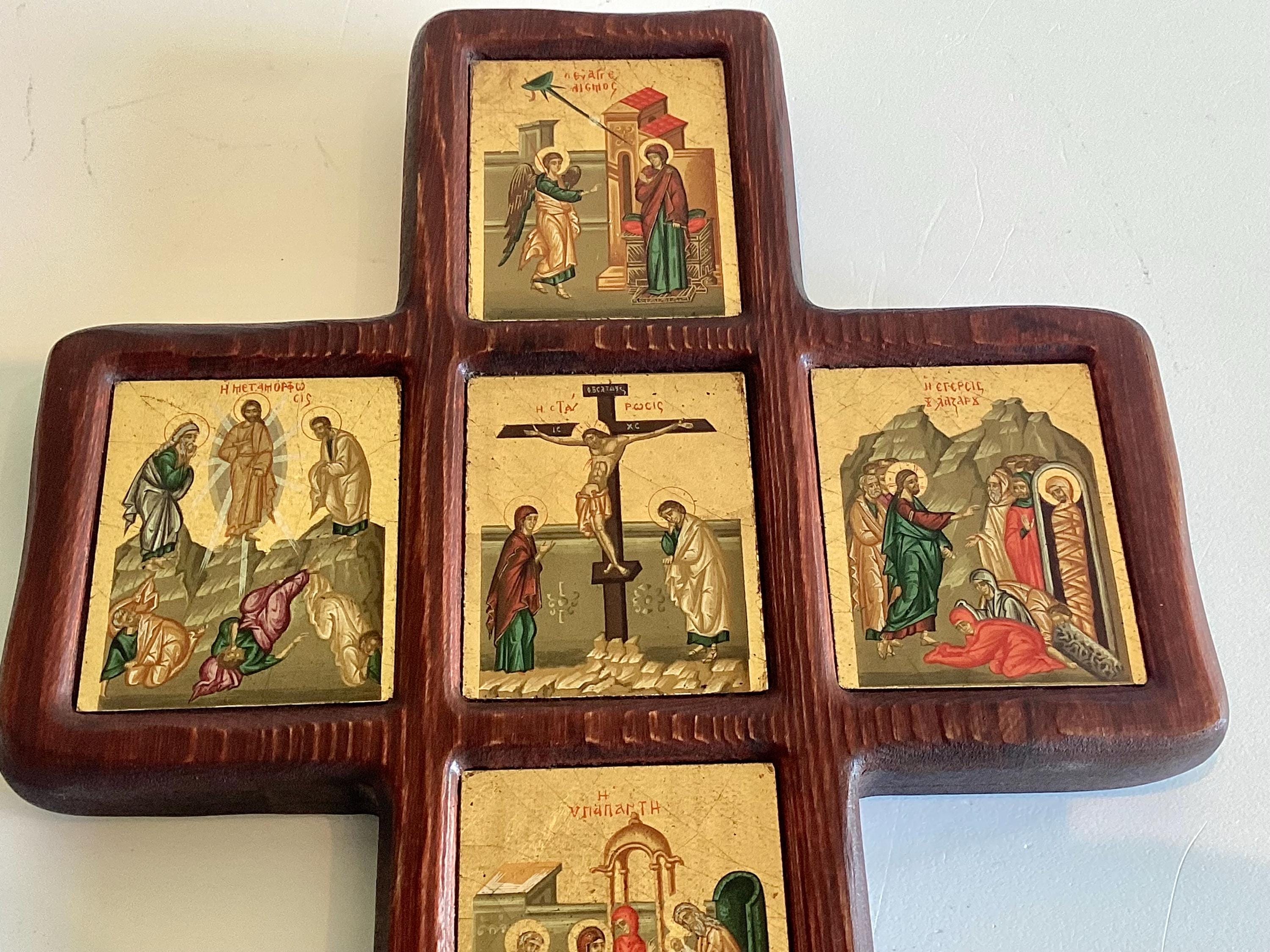 Vintage Icon | 1970s Byzantine Cross, Six Miniature Registers, Gold Ground on Canvas & Wood — photo 7 of 9