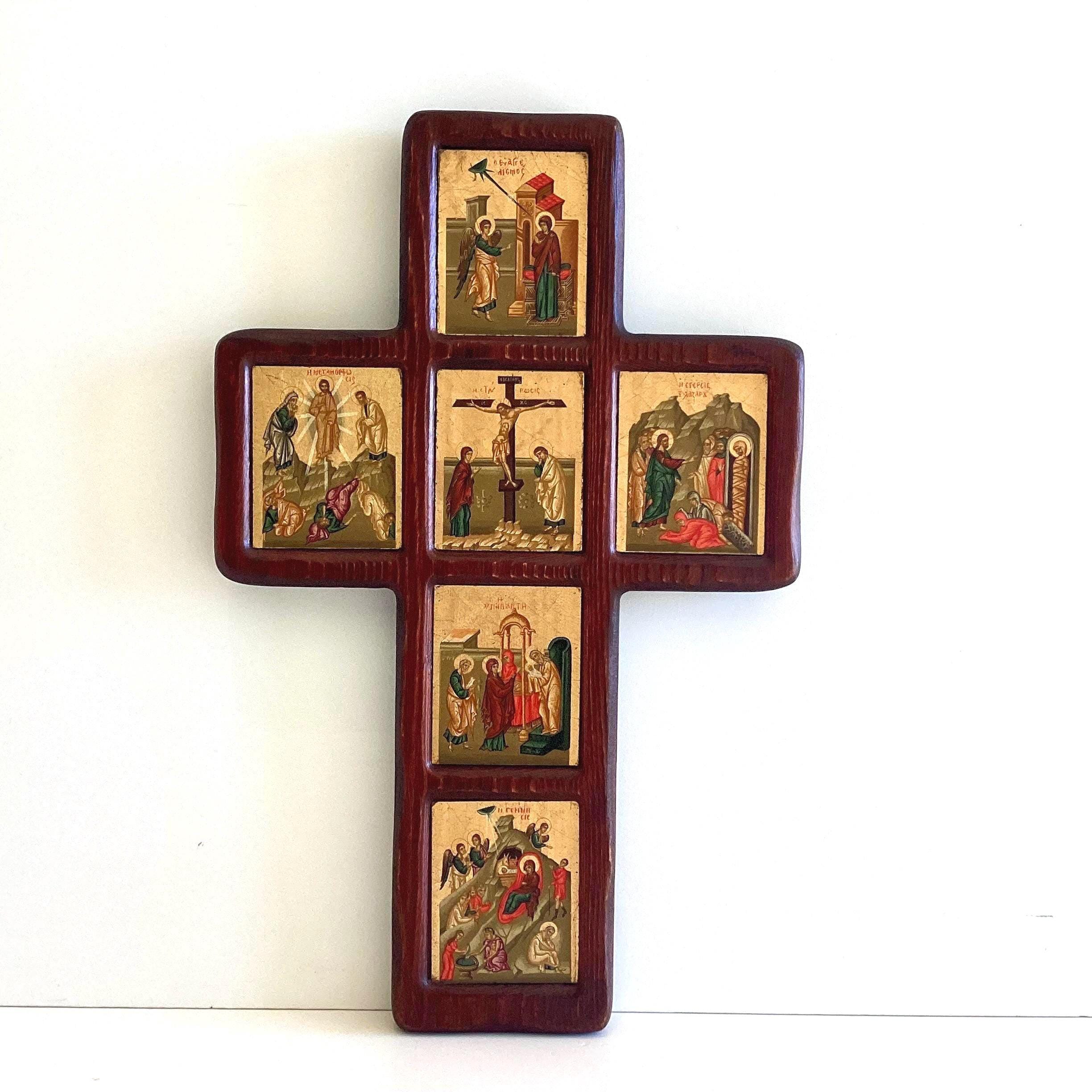Vintage Icon | 1970s Byzantine Cross, Six Miniature Registers, Gold Ground on Canvas & Wood — photo 8 of 9