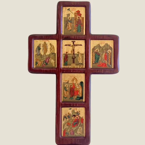 Vintage Icon | 1970s Byzantine Cross, Six Miniature Registers, Gold Ground on Canvas & Wood