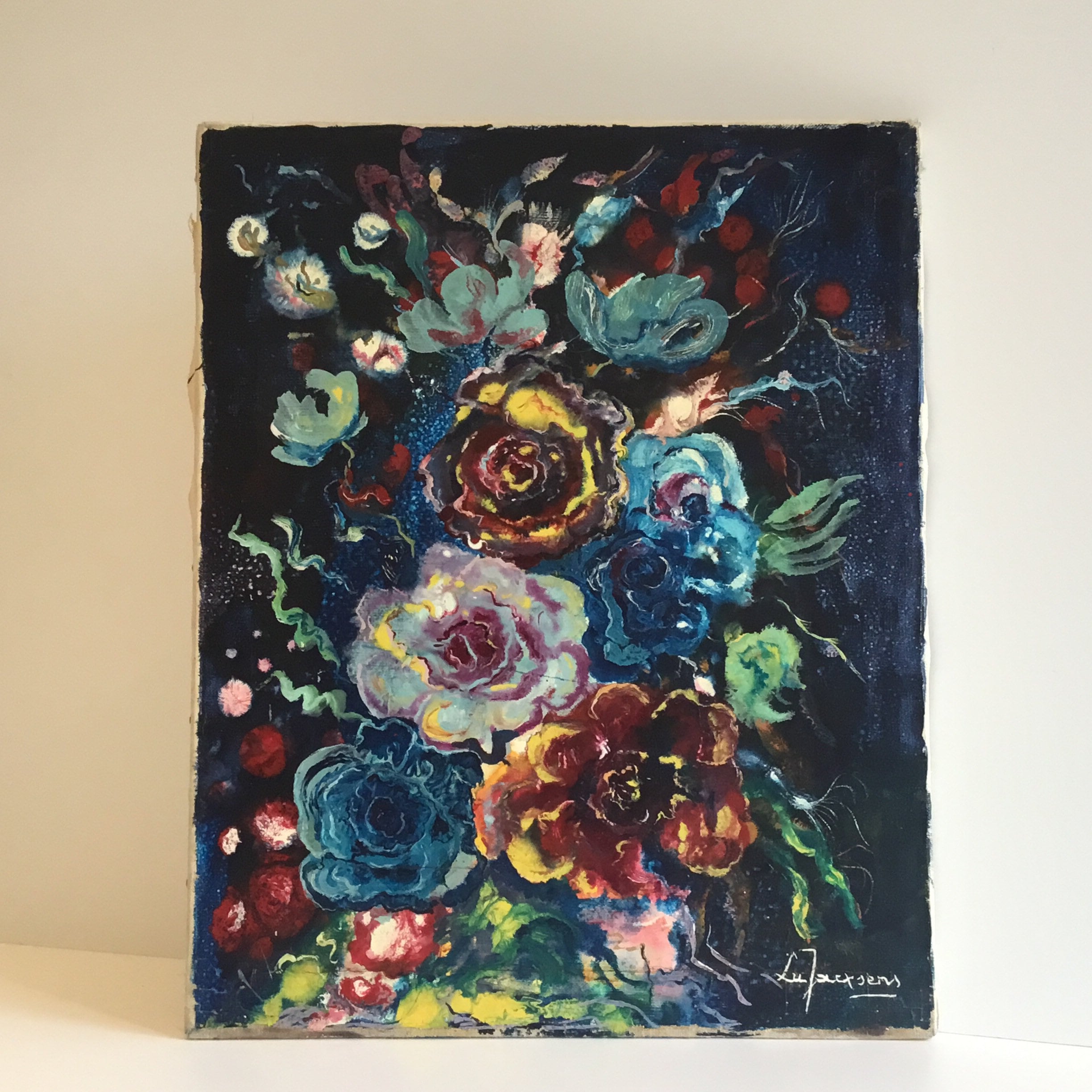 Vintage Floral Painting | Lu Jacxsens 1950s French Exotic Flowers, Signed Oil on Canvas — photo 2 of 8