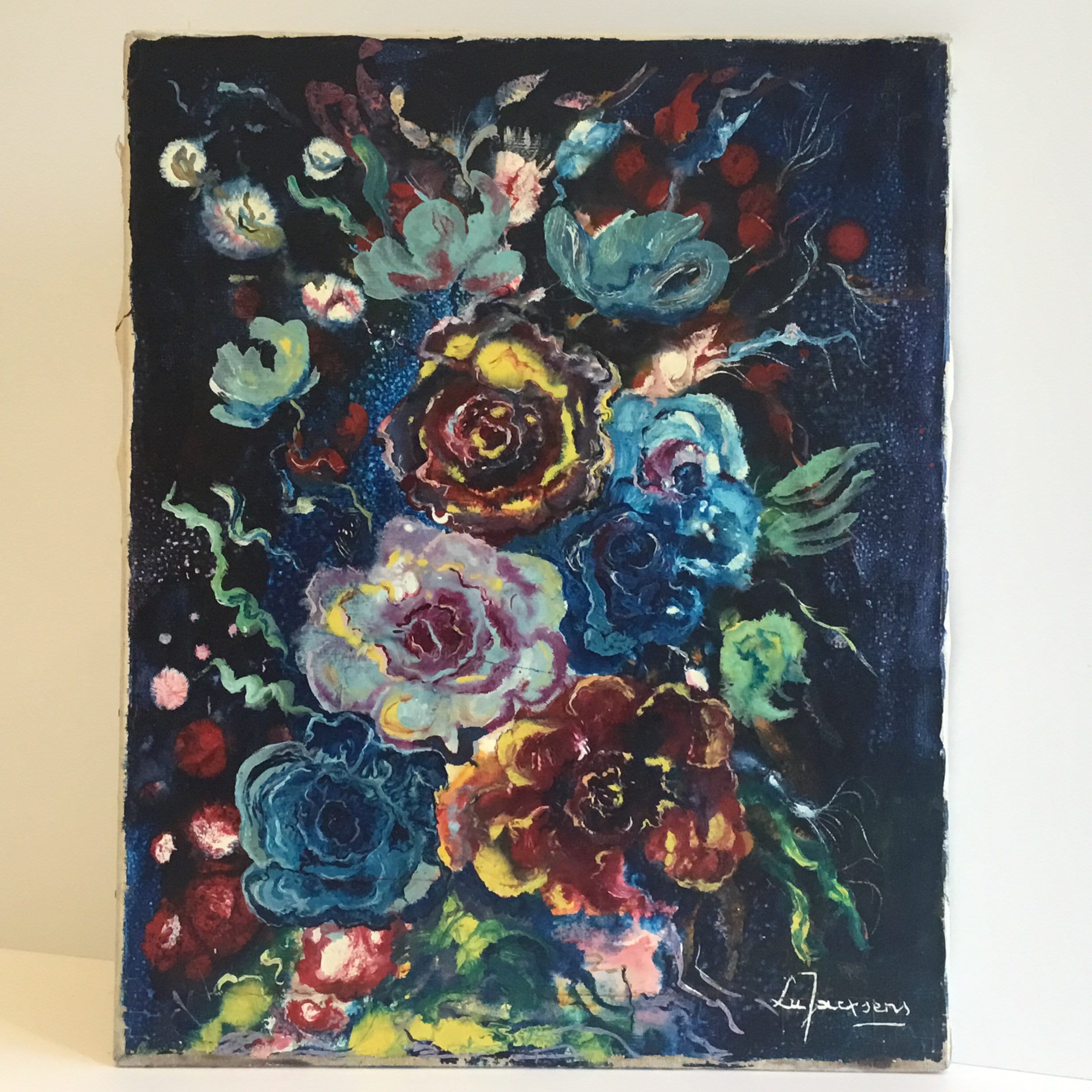 Vintage Floral Painting | Lu Jacxsens 1950s French Exotic Flowers, Signed Oil on Canvas — photo 3 of 8
