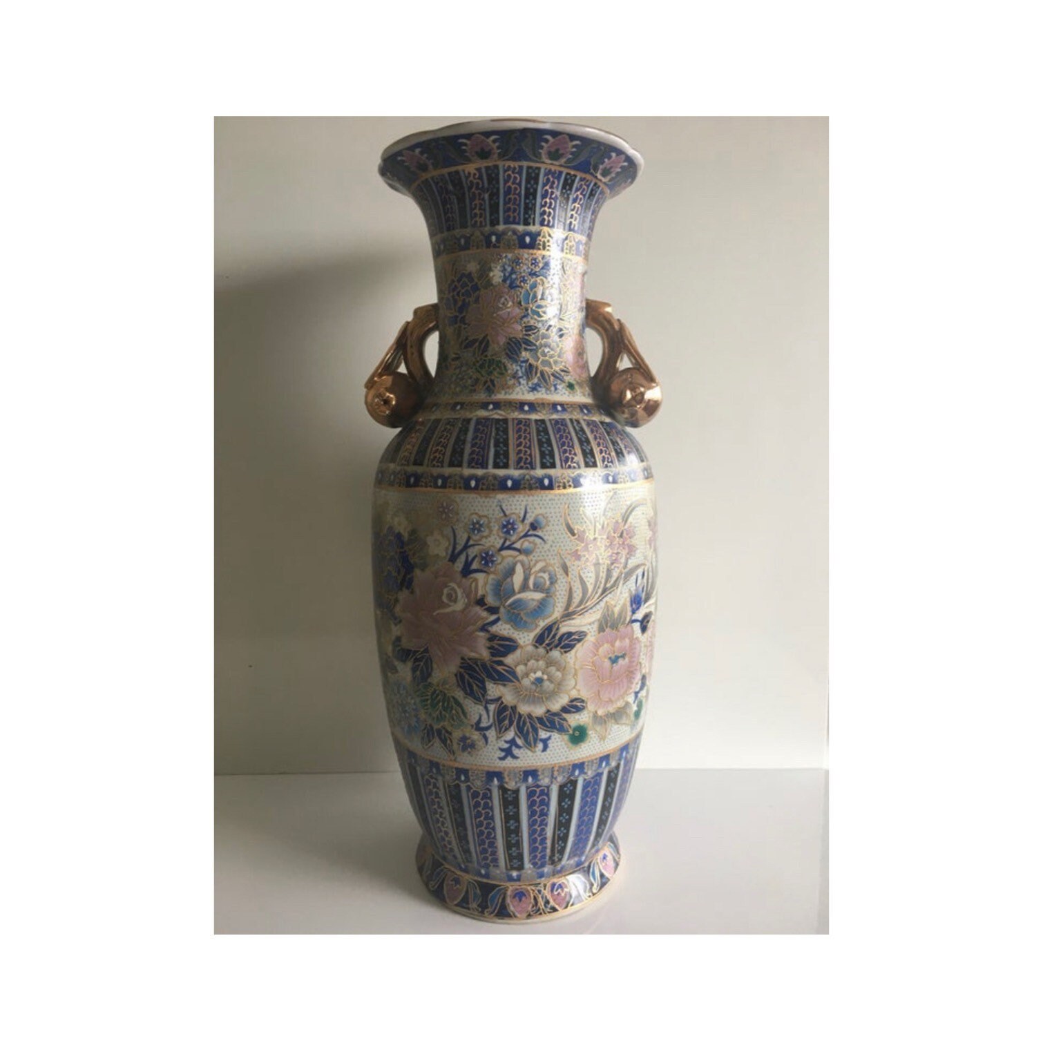 Vintage Vase | 1970s Chinese Hand Painted Floral, Large Gold Decorated Porcelain — photo 2 of 6