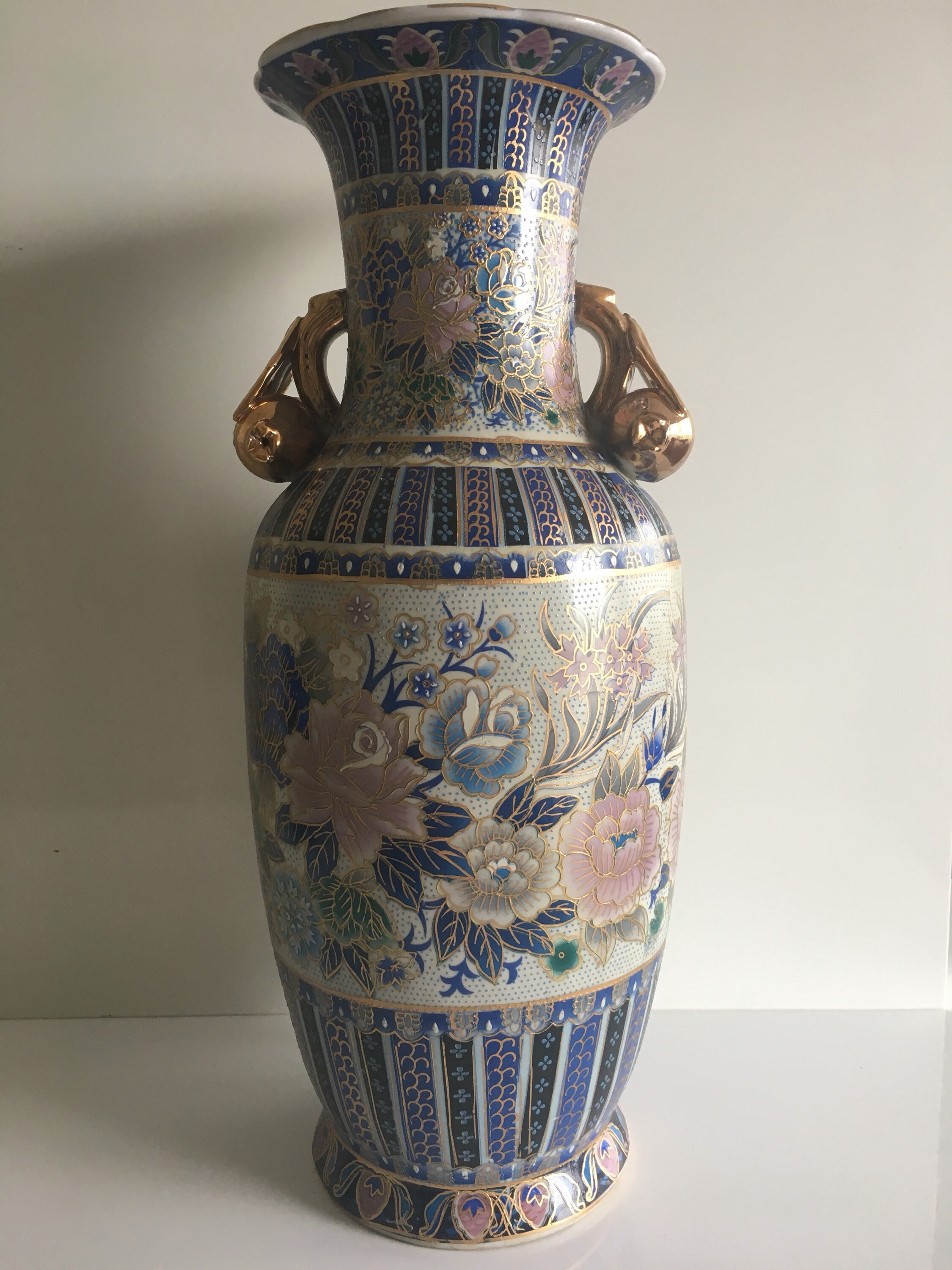 Vintage Vase | 1970s Chinese Hand Painted Floral, Large Gold Decorated Porcelain — photo 3 of 6