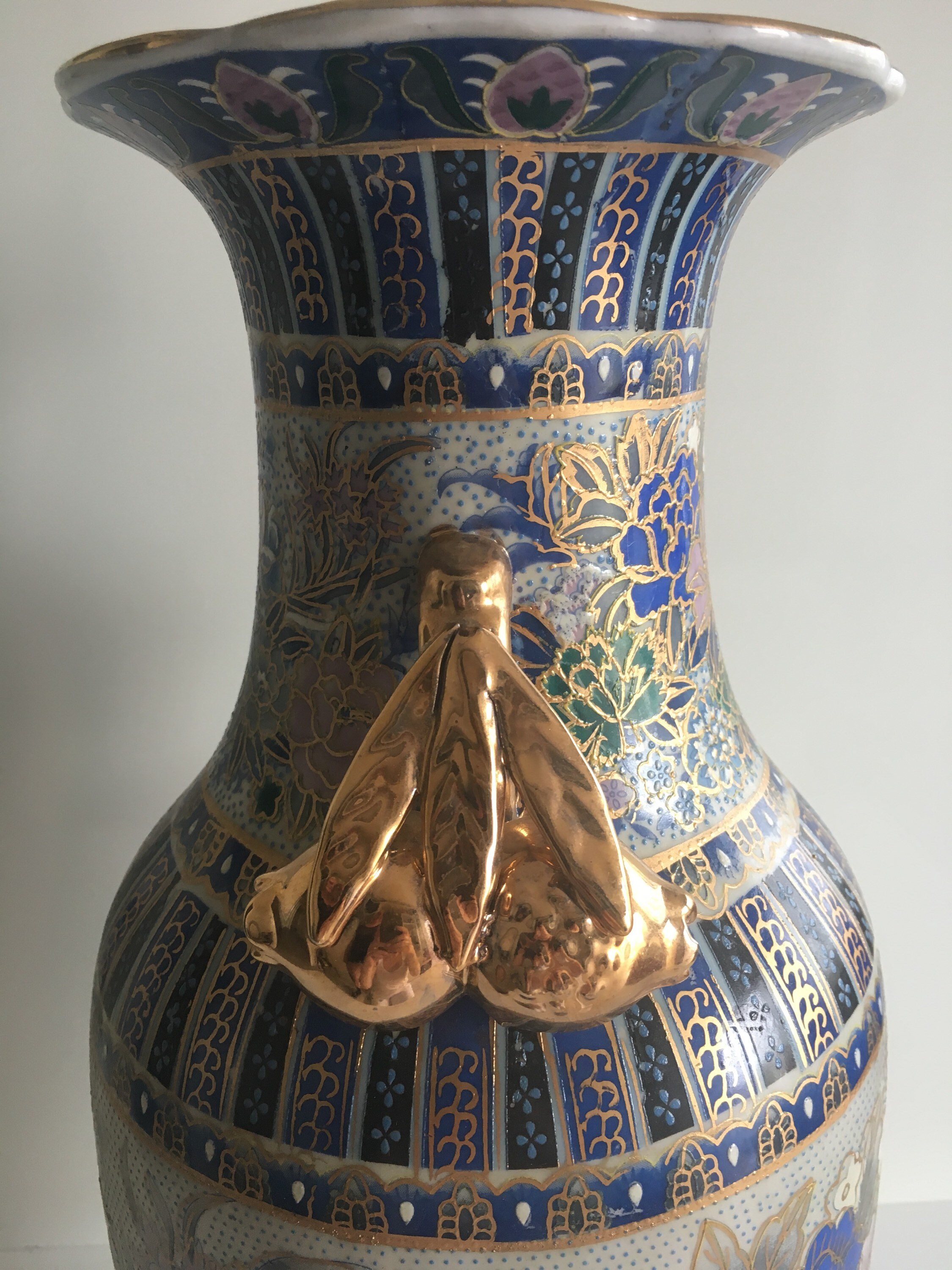 Vintage Vase | 1970s Chinese Hand Painted Floral, Large Gold Decorated Porcelain — photo 4 of 6