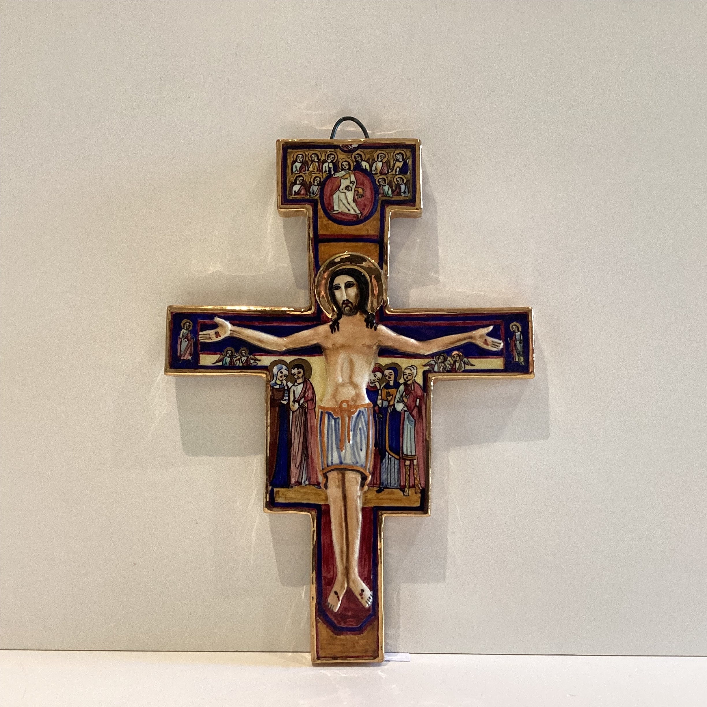 Ceramic Crucifix | 1950s Assisi Italy, San Damiano Handmade Cross Gold Painted Replica — photo 2 of 8